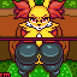 angry face, animated, ass, big ass, big breasts, breasts, countmoxi, delphox, exposed anus, exposed pussy, female, female only, fur, gif, glory wall, humanoid, looking at viewer, nintendo, pixel art, pokemon, pokemon only, pussy, stuck in wall, through wall