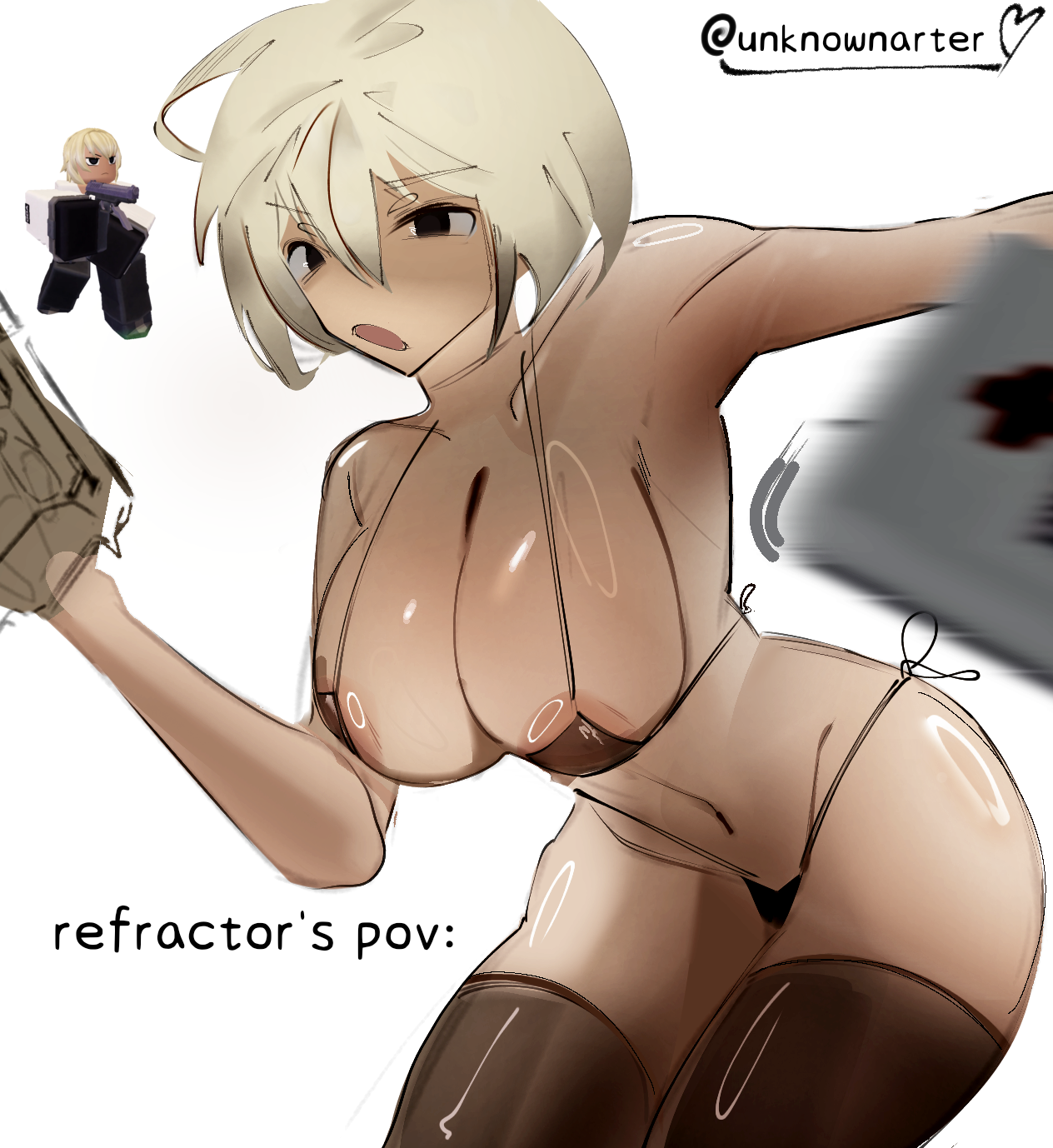 1girls, artist name, big ass, big breasts, blonde hair, combat medic (tdx), female, micro bikini, naked, nipples, pov, reference image, refractor (tdx), roblox, roblox game, robloxian, self upload, short hair, sweat, tagme, tan body, tan skin, thighhighs, tower defense x, unknownarter