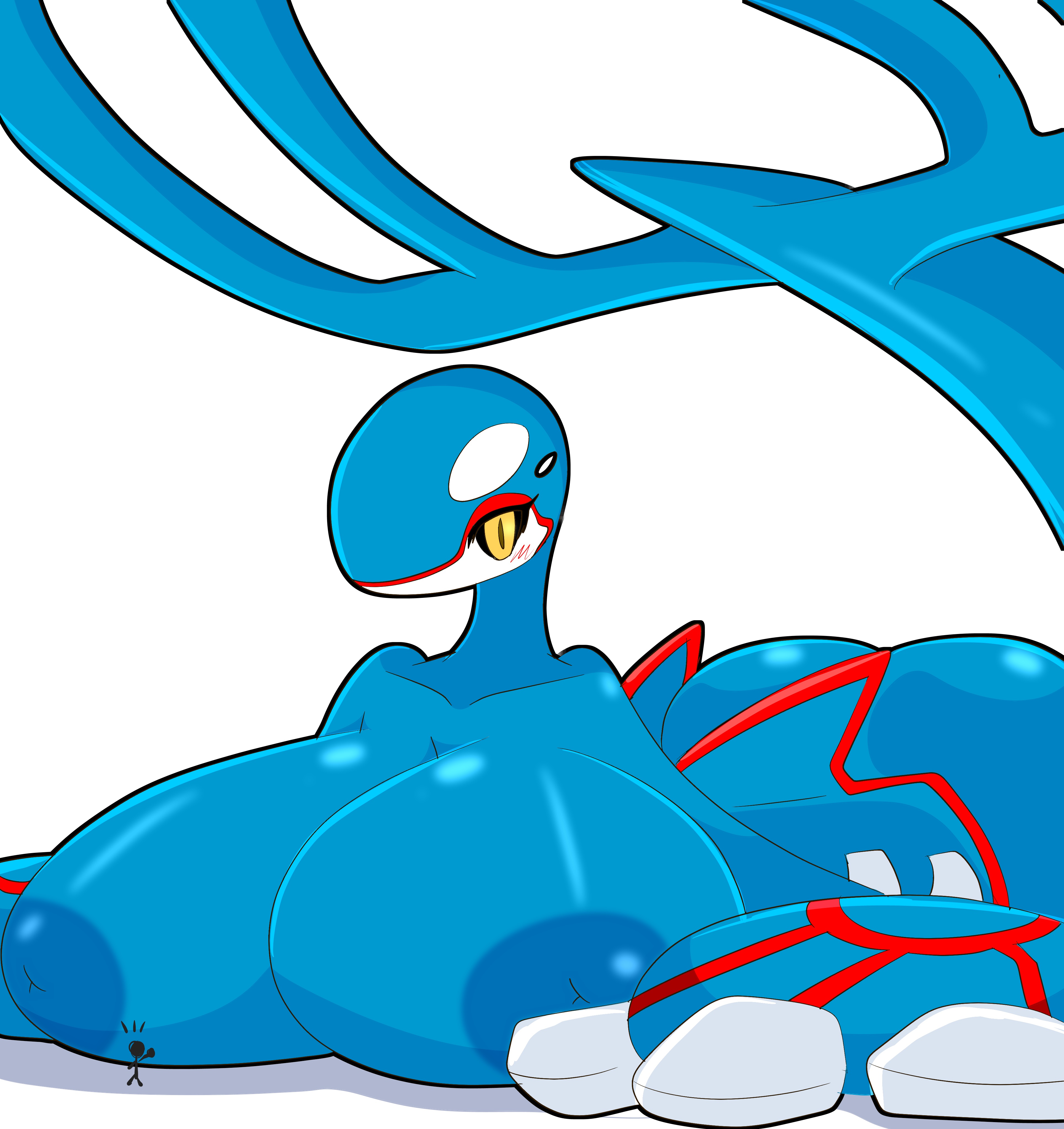 absurd res, ambiguous gender, anthro, anthrofied, ass, big breasts, blush, breasts, cetacean, duo, female, hi res, huge breasts, inverted nipples, kyogre, legendary pokemon, looking down, lying, macro, mammal, marine, micro, nintendo, nipples, nude, on front, pokémon (species), pokemon, pokemon (species), pokemorph, simple background, size difference, solo, solo focus, thick thighs, tousoni3, video games, white background, wide hips, yellow eyes