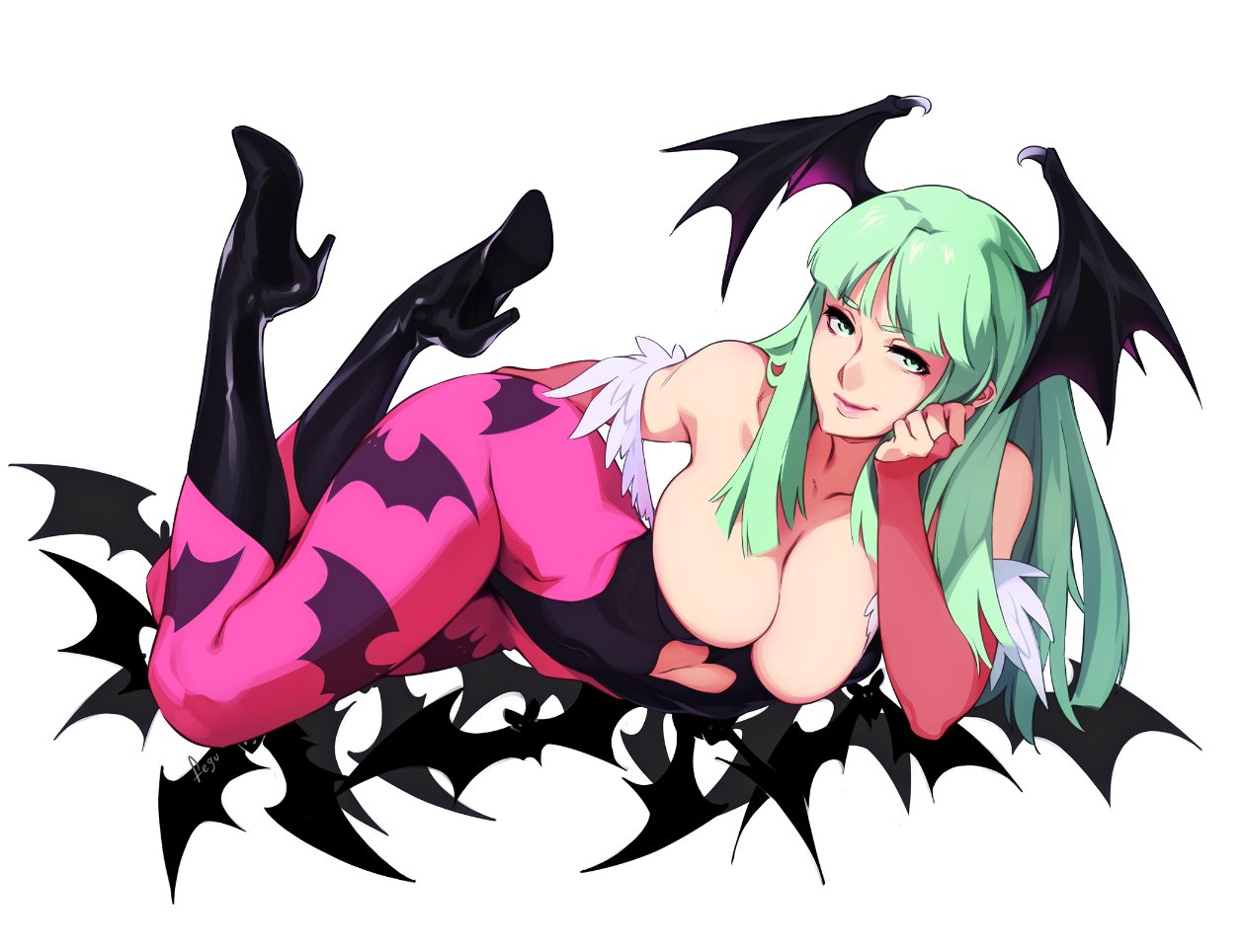 bat, bat wings, breasts, clothing, darkstalkers, demon, demon girl, feguimel, female, green hair, head wings, high heels, large breasts, morrigan aensland, succubus, wings