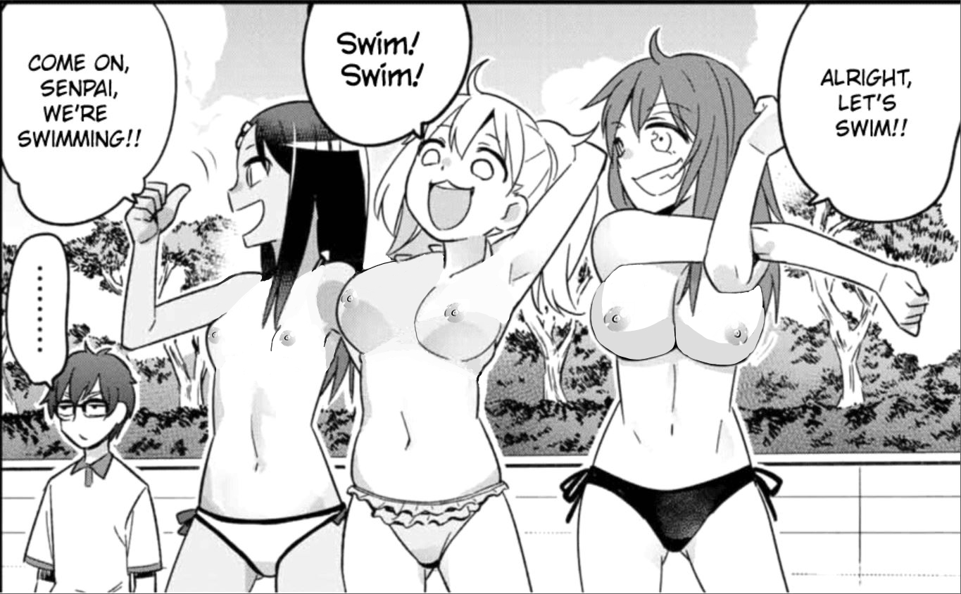 1boy, 3girls, 774 (nanashi), big breasts, bikini, black hair, blonde hair, breasts, cleavage, curvy, edit, english text, female, gamo-chan, glasses, hayase nagatoro, kabootylover, long hair, male, monochrome, naoto hachioji (senpai), navel, nipples, open mouth, photoshop, please don't bully me, nagatoro, pose, short hair, simple background, small breasts, smile, teenager, text, white background, yoshi (nagatoro)