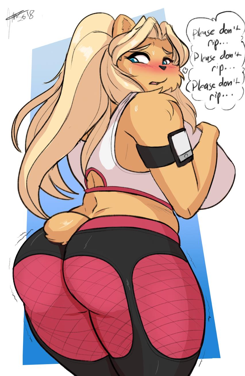 amara_(jwinkz) anthro ass ass big_ass big_breasts biped blonde_eyebrows blonde_hair blue_eyes blush bodily_fluids bottomwear bra breasts butt_pose clothed clothing curvy digital_media_(artwork) english_text eyebrows female fur garter_belt_leggings hair hi_res huge_breasts jwinkz leggings legwear long_hair mammal pants portrait pose short_ears short_tail simple_background solo sports_bra sweat tan_body tan_ears tan_fur tan_tail text thick_thighs thought_bubble three-quarter_portrait tight_clothing underwear ursid voluptuous wide_hips