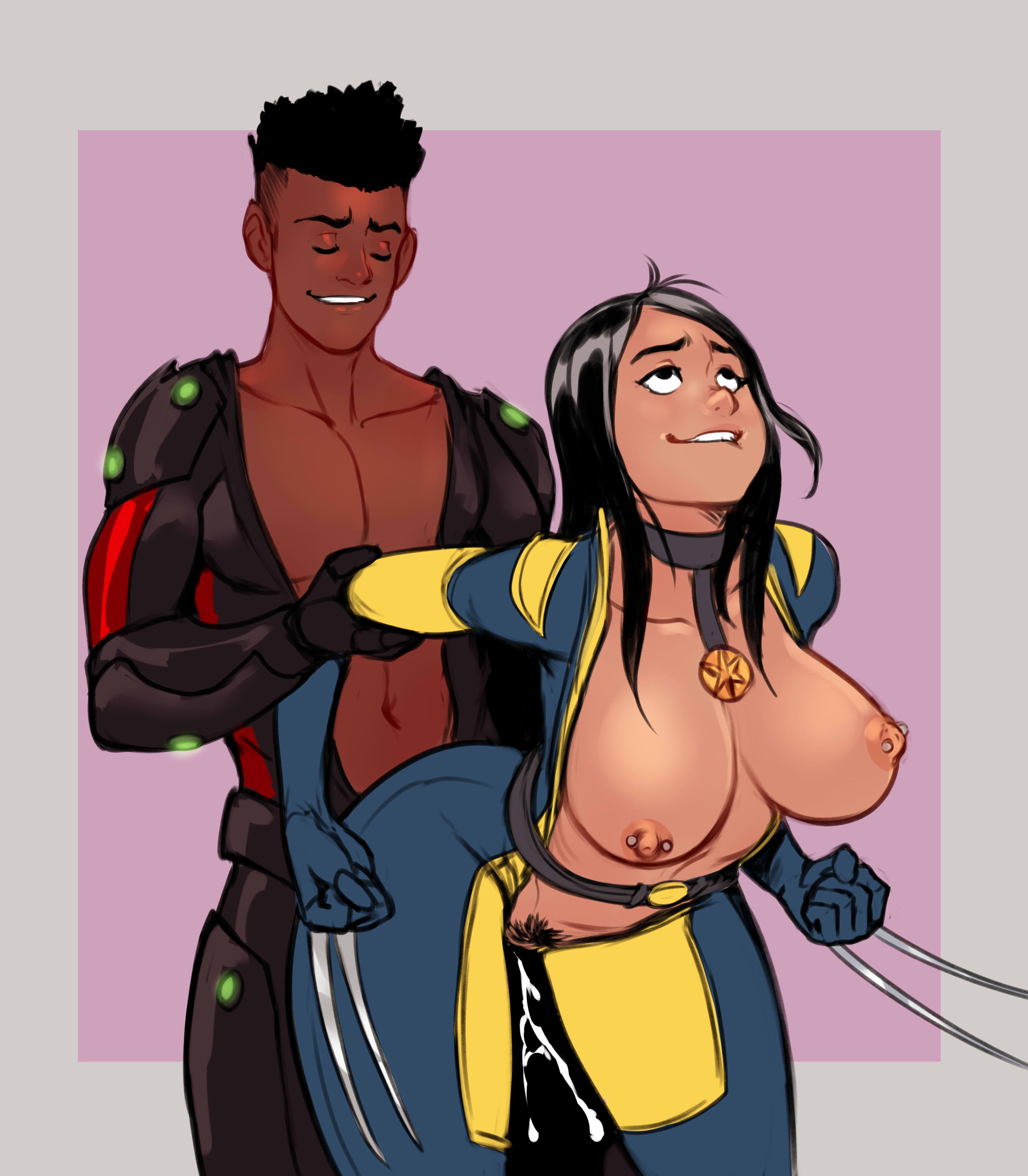 1boy, 1girls, areolae, arm grab, athletic, belt, bent over, big breasts, biting lip, black hair, bodysuit, breasts, breasts out, busty, choker, cleavage, cum, cum in pussy, cum inside, curvaceous, curvy, dark skin, dark-skinned male, doggy style, female, flux (rated l), from behind, from behind position, fully clothed, hourglass figure, interracial, izra, laura kinney, long hair, maalik (rated l), male, marvel, marvel comics, muscles, muscular, muscular male, nipple piercing, nipples, open bodysuit, pendant, penetration, piercing, prison guard position, pubic hair, pussy, ratedlforlewd, sex, tagme, vagina, voluptuous, wide hips, wolverine (x-23), x-23, x-men