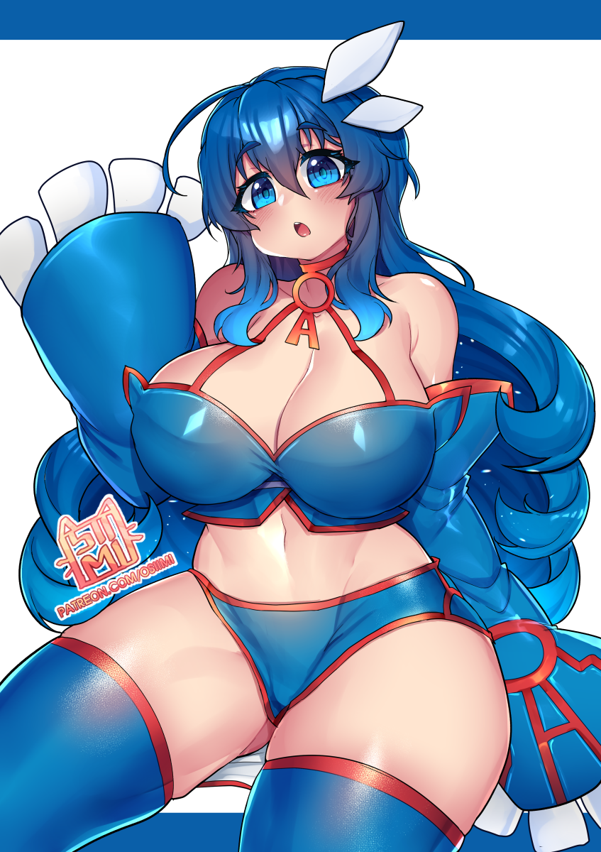 blue_bra blue_eyes blue_gloves blue_hair blue_legwear blue_panties blush bra breasts cleavage commentary commission curvy elbow_gloves english_commentary eyebrows_visible_through_hair female game_freak gloves hair_between_eyes hair_ornament head_tilt highres huge_breasts human kyogre kyogre_(cosplay) legendary_pokemon long_hair looking_at_viewer moemon nintendo o-ring o-ring_top osiimi panties parted_lips patreon_username personification pokemon pokemon_rse signature solo thick_thighs thighhighs thighs underwear white_background wide_hips