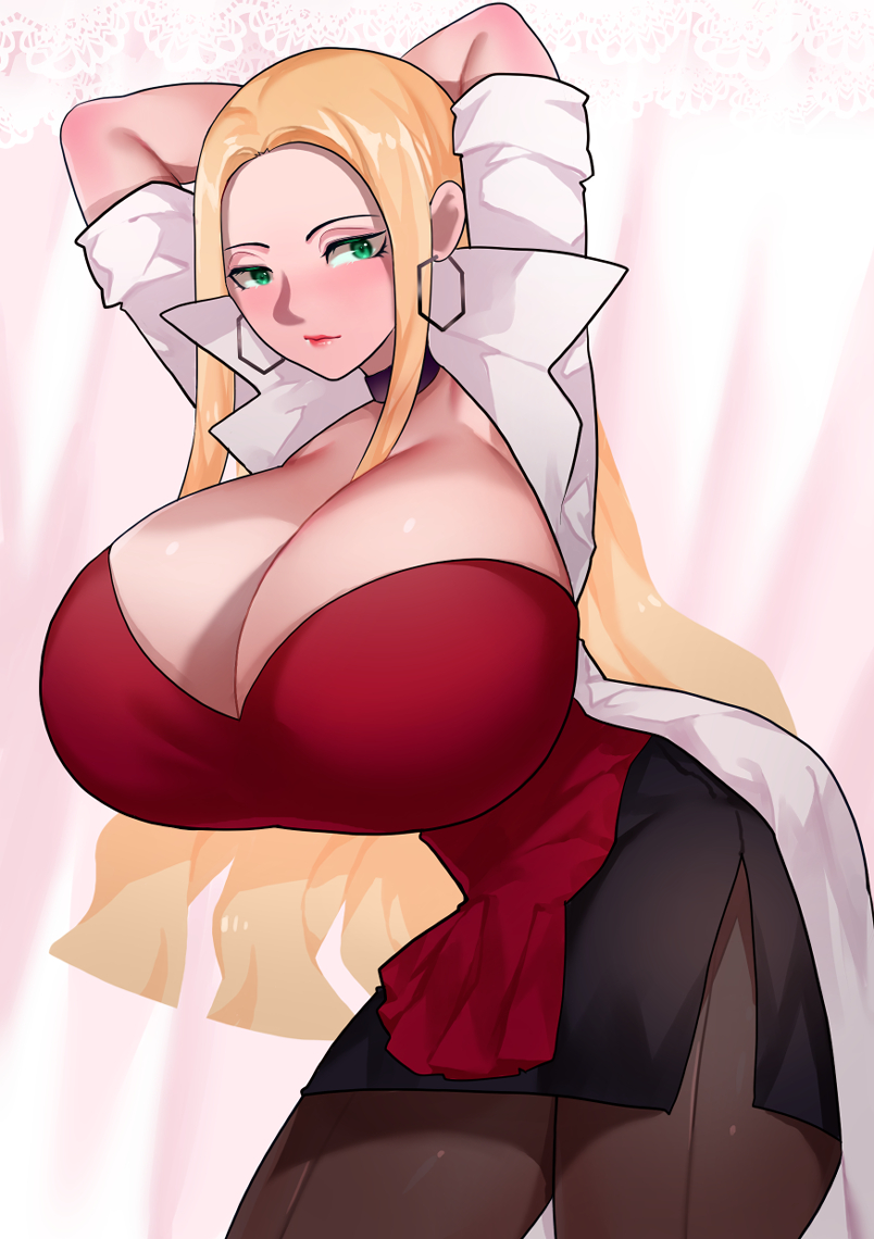 alternate breast size, big breasts, breasts, female, female only, fully clothed, green eyes, huge breasts, human, long hair, nintendo, nipples visible through clothing, oleana (pokemon), pantyhose, pokemon, pokemon ss, solo, solo focus, sumisumii