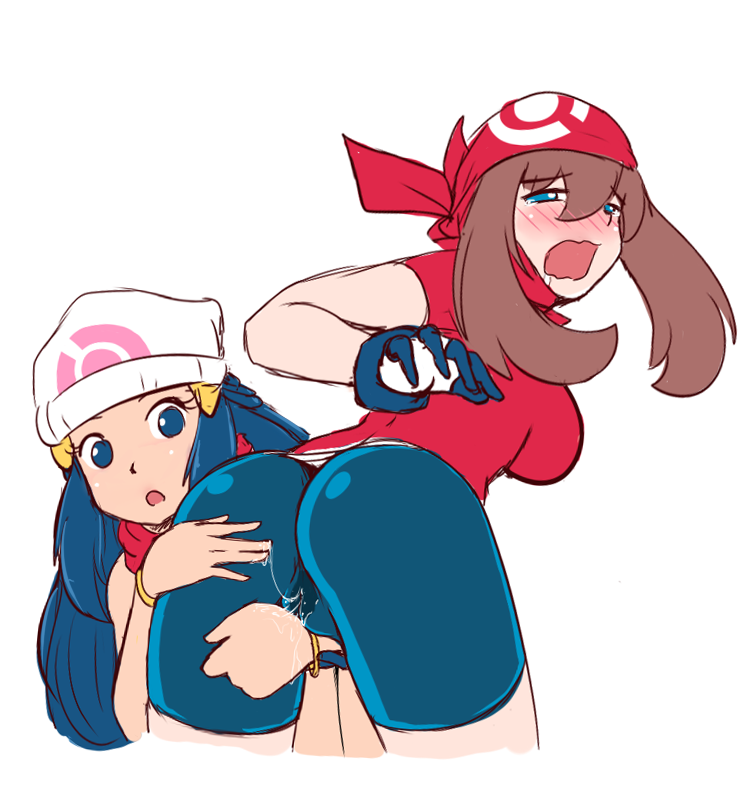 ass bandana beanie bike_shorts blue_eyes blue_hair blush breasts brown_hair dawn_(pokemon) gloves hat human may_(pokemon) open_mouth pleasure_face pokemon pokemon_dppt pokemon_rse pussy_juice spats yondu yuri