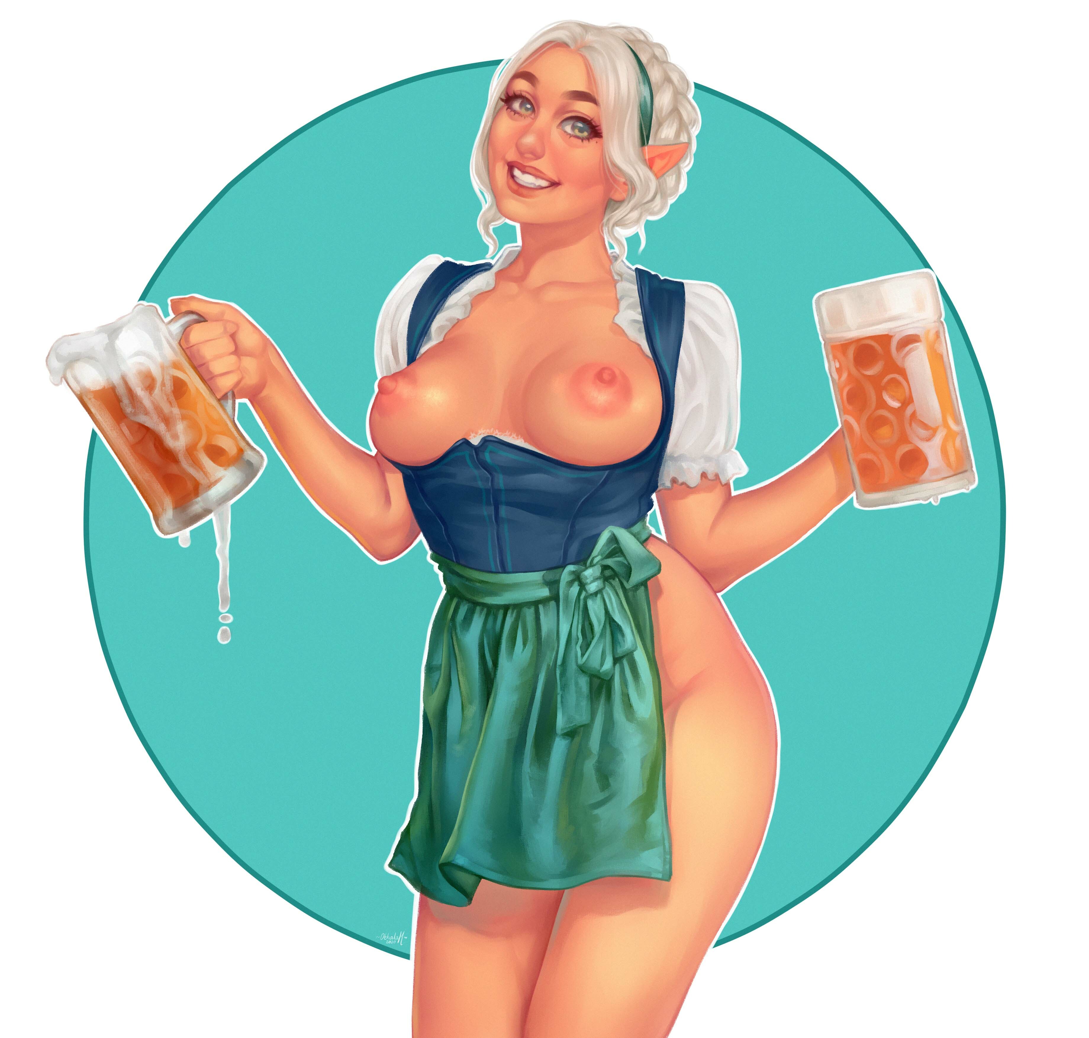 1girls, apron, areolae, beer, breastless clothes, breastless clothing, breasts, breasts out, clothing, dirndl, elf, elf ears, exposed breasts, exposed nipples, female, female only, looking at viewer, nipples, no panties, no skirt, othalam, pink areola, pink nipples, platinum blonde hair, pointy ears, shirt pulled down, smiling at viewer, solo, tracht, waitress, white hair