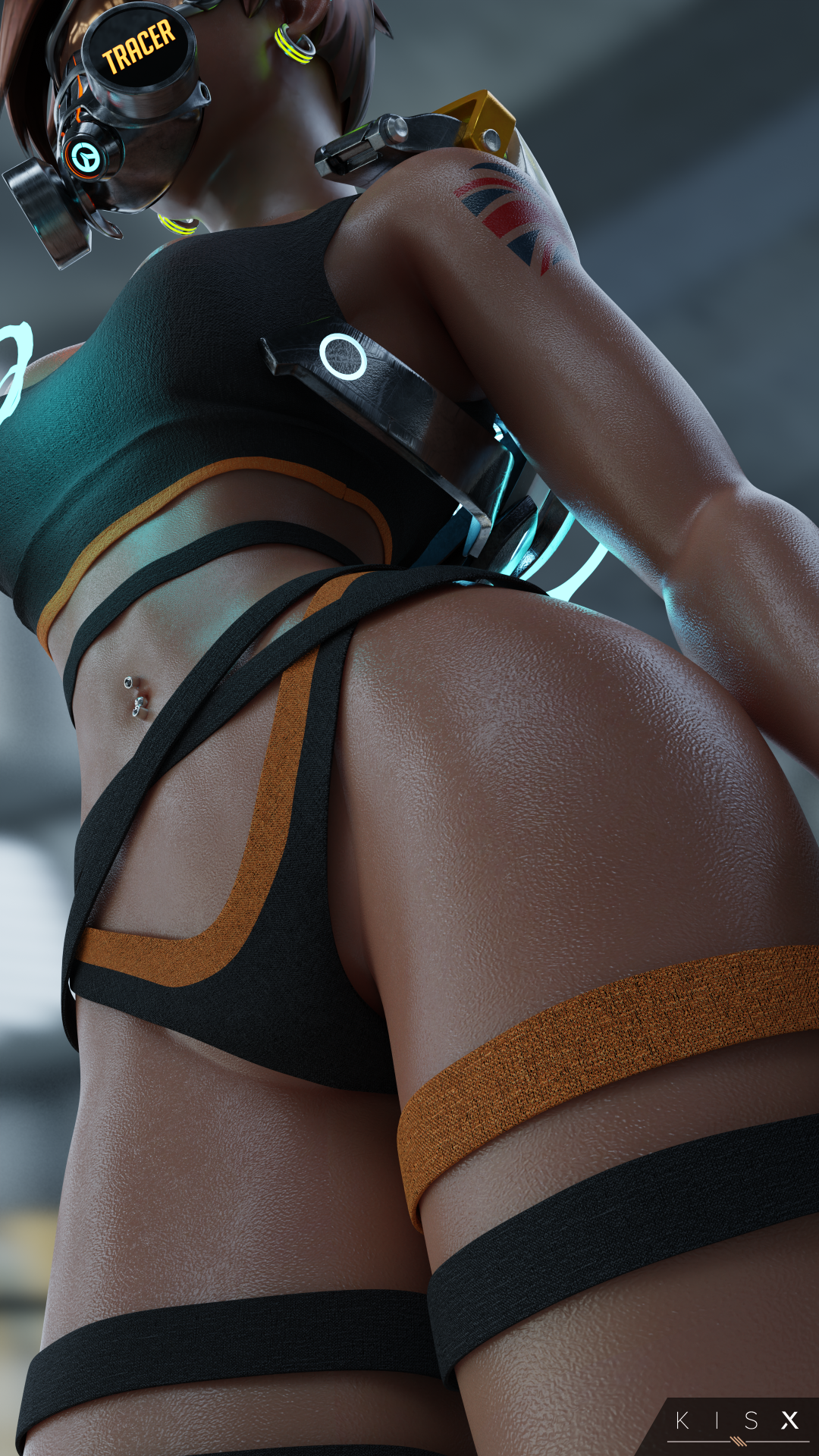 1girls, 3d, ass, big ass, blender, chronal accelerator, female, female only, gas mask, harness, kisxsfm, overwatch, solo, thick thighs, thong, tracer, wide hips
