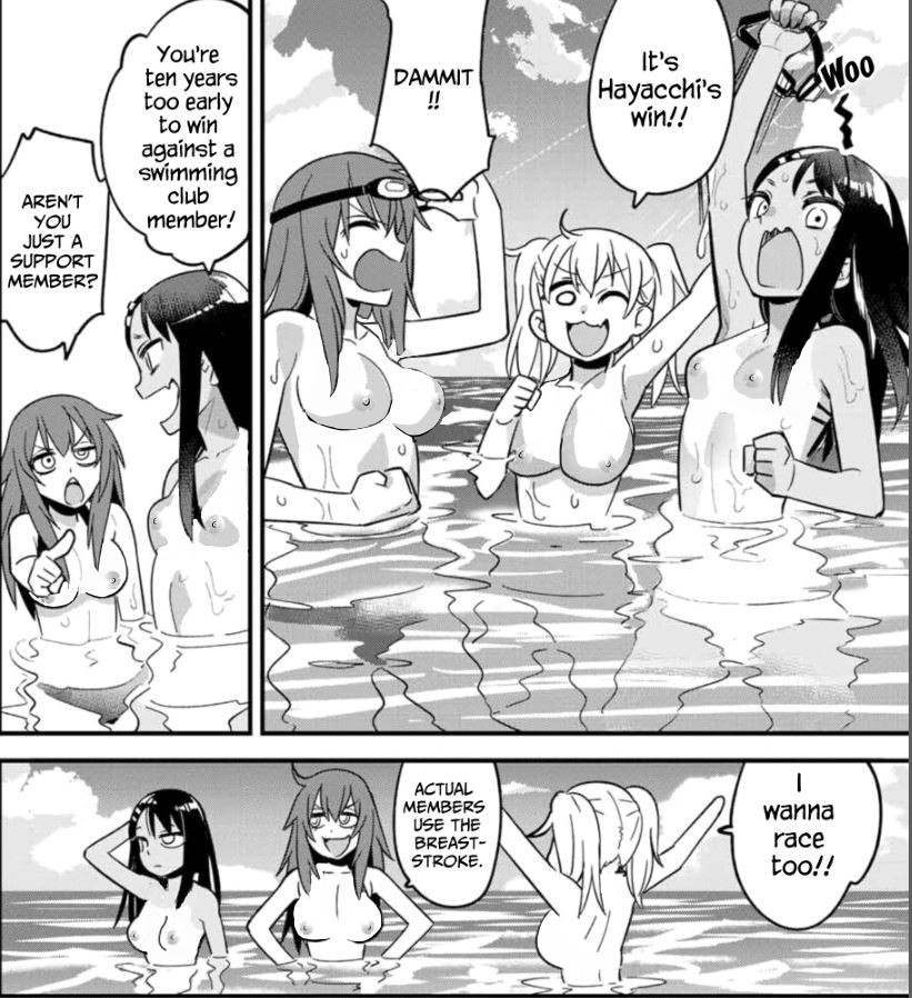 3girls, 774 (nanashi), beach, big breasts, bikini, black hair, blonde hair, breasts, cleavage, edit, english text, female, female focus, female only, gamo-chan, hayase nagatoro, hi res, kabootylover, long hair, monochrome, nipples, open mouth, photoshop, please don't bully me, nagatoro, public, simple background, small breasts, swimming, text, third-party edit, white background, yoshi (nagatoro)