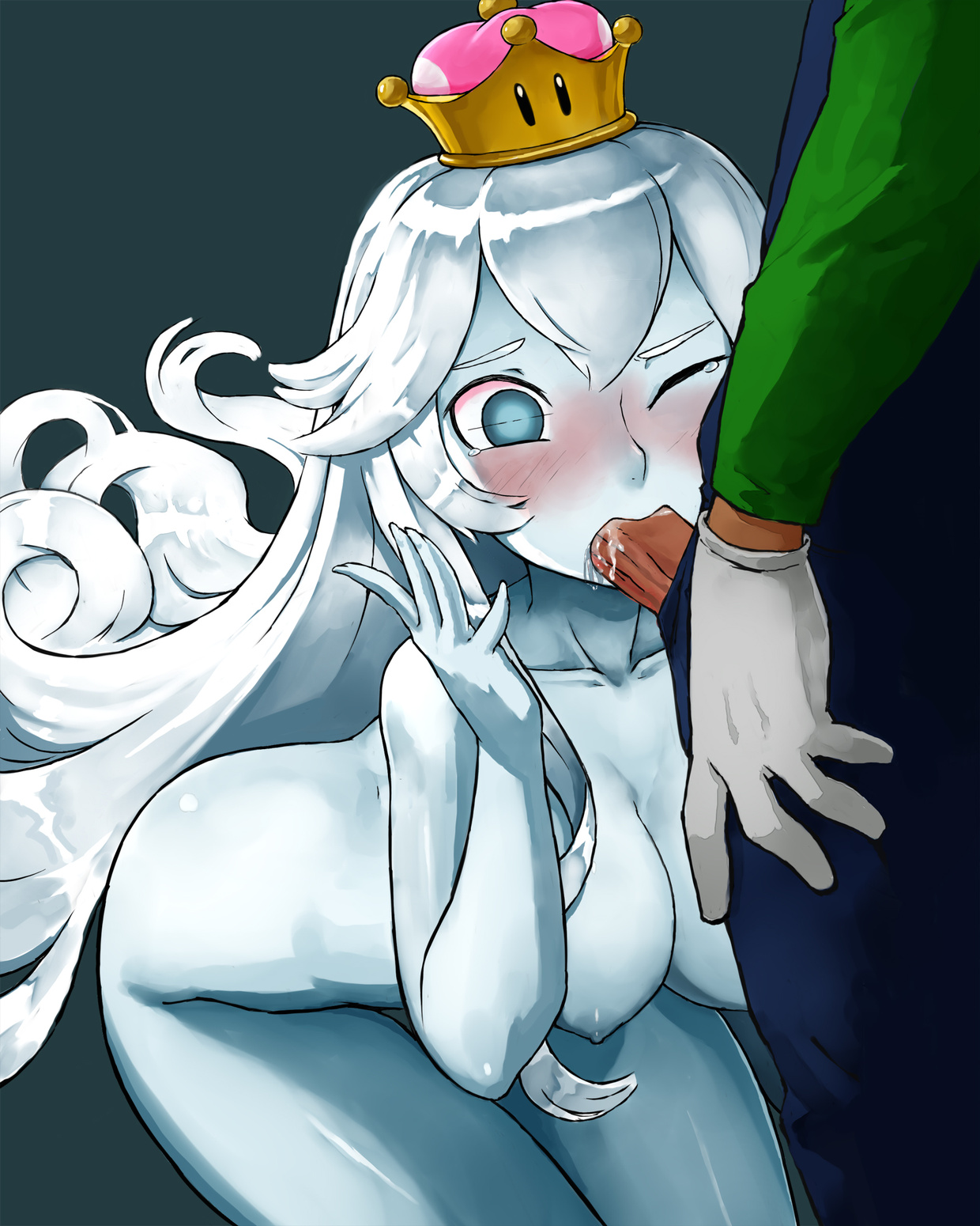 1boy, 1girls, areolae, ass, big ass, big breasts, blowjob, blue eyes, blue skin, blush, blushing, boosette, breasts, clothed, clothed male nude female, clothing, crown, cum, cum in mouth, cum splatter, cumming, dark penis, deepthroat, fellatio, female, haraya, kneeling, long hair, looking at penis, luigi, luigi's mansion, male, mario (series), naked, new super mario bros. u deluxe, nintendo, one eye closed, oral, oral sex, penis, rule 63, saliva, silver hair, surprised, tears, thick thighs, thighs, white hair