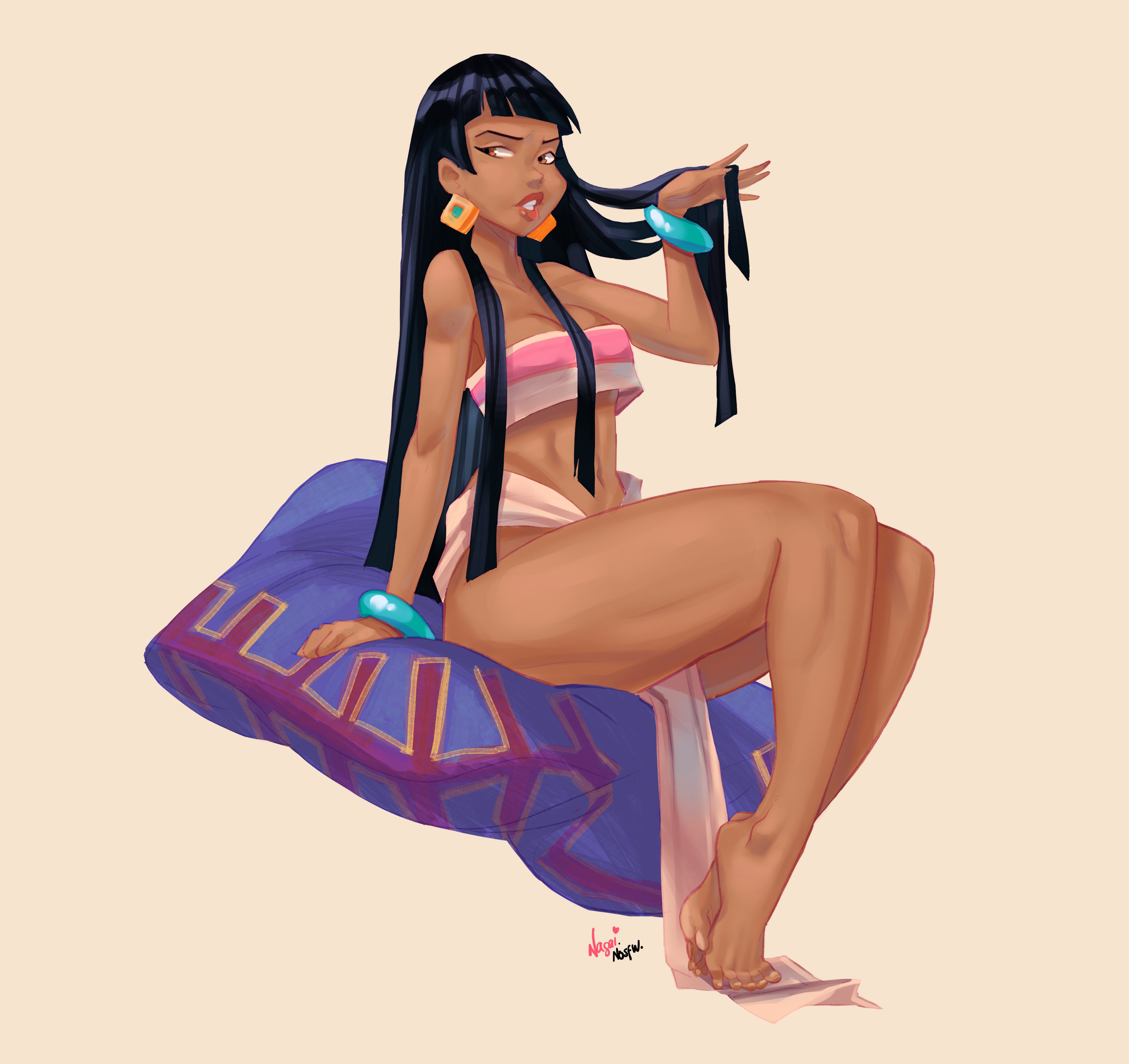 athletic, athletic female, bare midriff, bare shoulders, big breasts, black hair, bracelet, breasts, brown eyes, busty, chel, cleavage, dark skin, dark-skinned female, female, female focus, female only, hourglass figure, long hair, nagainosfw, navel, pinup, pose, posing, solo, tagme, the road to el dorado, thick thighs, wide hips