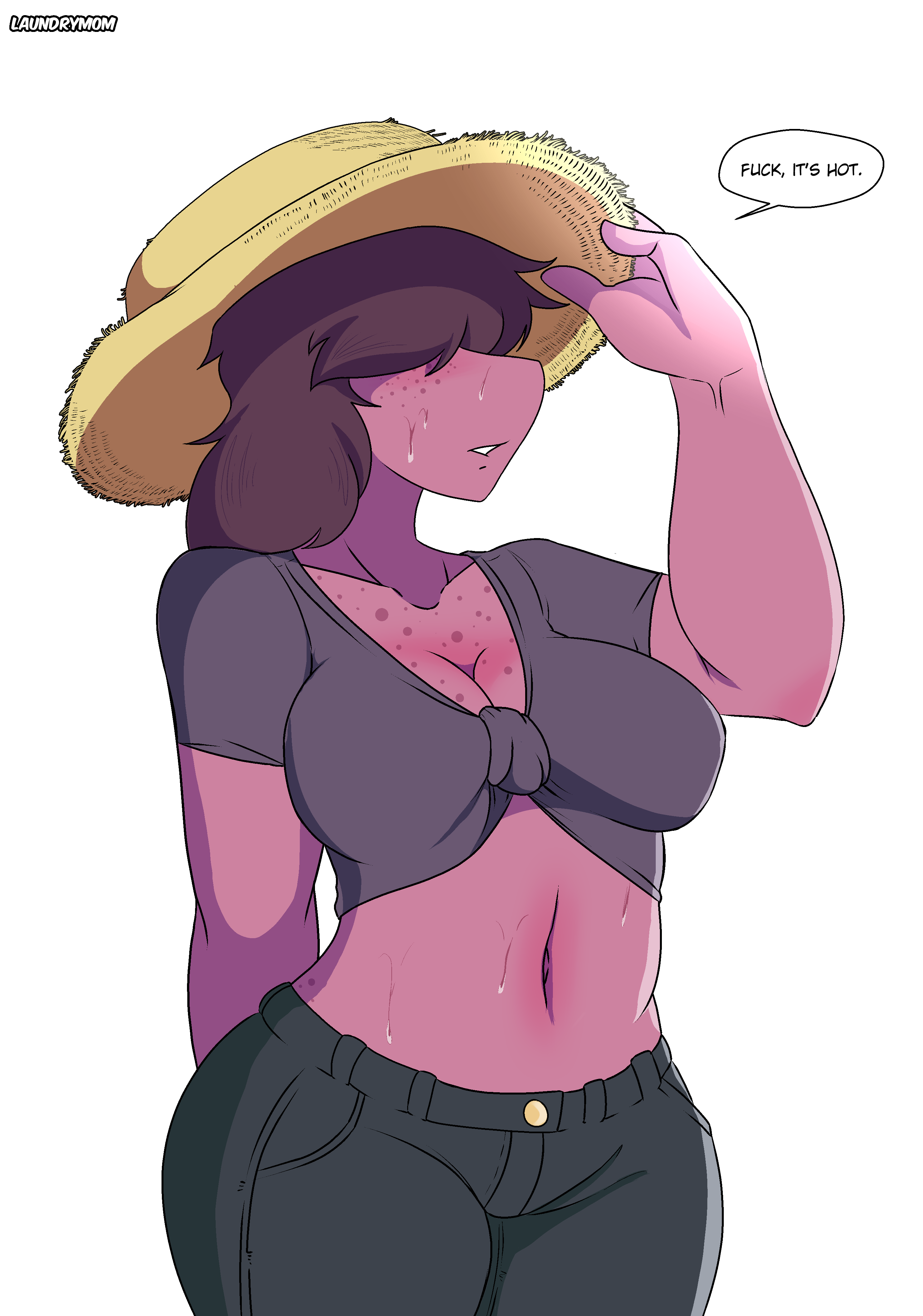 1girls, alternate breast size, alternate outfit, alternate version at source, alternate version available, anthro, anthro only, anthrofied, artist name, belly, belly button, black pants, black shirt, breasts, cleavage, cleavage cutout, clothed female, clothedo, curvaceous, dark brown hair, deltarune, english text, female, female only, freckles, hair, hair over eyes, hand behind back, hand on hat, hat, hourglass figure, laundrymom, multiple sources, purple body, purple skin, reptile, reptile humanoid, shirt, shirt up, simple background, speech bubble, susie (deltarune), sweat, sweatdrop, sweating, sweaty, teeth, text, text bubble, thick thighs, thighs, tight clothing, tight pants, voluptuous, white background, wide hips