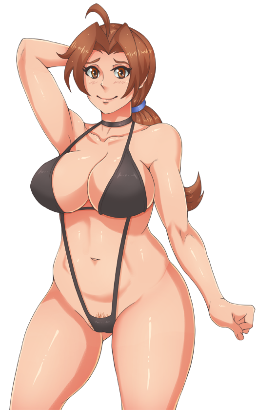 1girls armpits big_breasts brown_eyes brown_hair cytoscourge delia_ketchum_(pokemon) female hairy huge_breasts human large_breasts mature_female milf mother nintendo pale-skinned_female pale_skin pokemon pokemon_(anime) ponytail pubic_hair sling_bikini smile thick_thighs thighs wide_hips