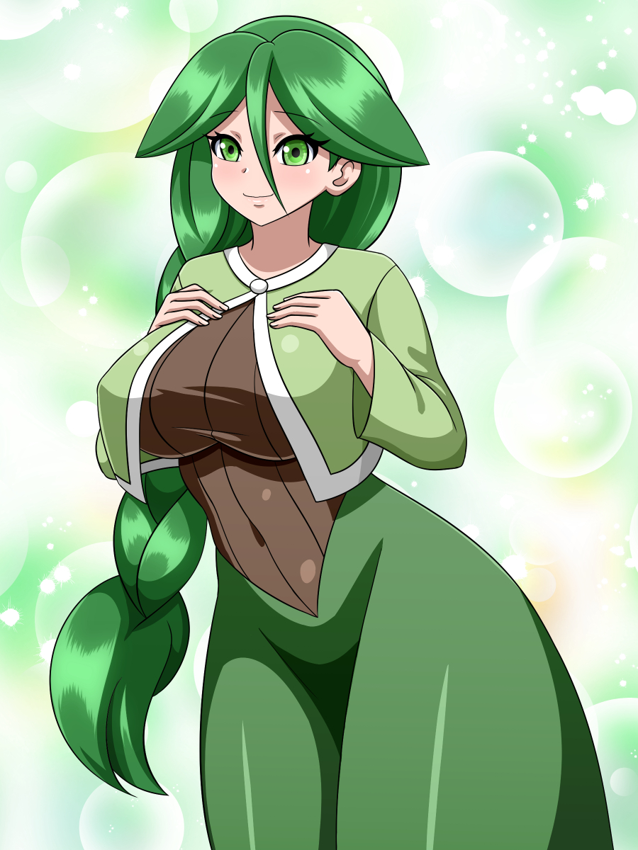 big_breasts breasts cheryl_(pokemon) female female_only fully_clothed green_eyes green_hair green_theme human long_green_hair long_hair nintendo pokemon pokemon_dppt solo solo_female solo_focus yensh