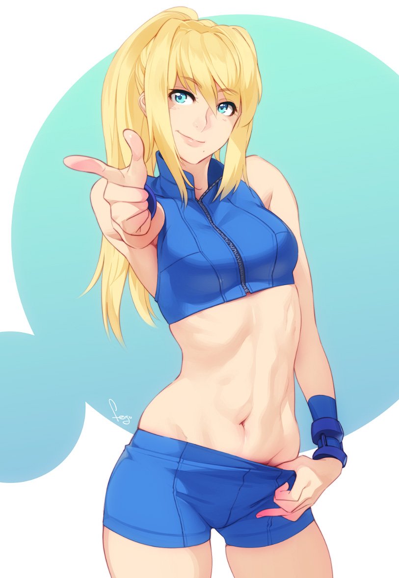 1girls artist_signature blonde_hair blue_eyes bodysuit breasts casual_outfit_(metroid) feguimel female female_only looking_at_viewer metroid midriff navel nintendo ponytail posing samus_aran small_waist smile solo solo_female sports_bra standing