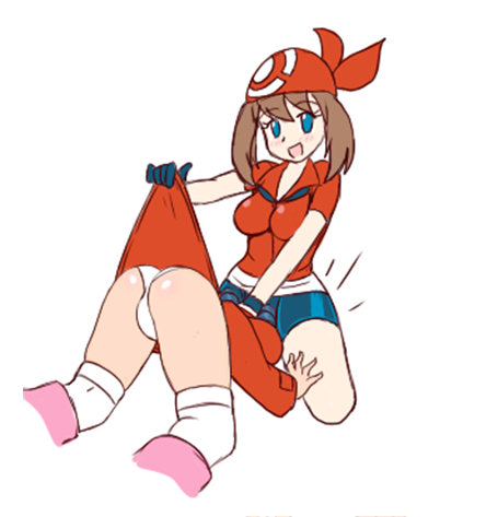 bike_shorts blue_eyes boots brown_hair dawn_(pokemon) human may_(pokemon) panties pokemon pokemon_dppt pokemon_rse skirt skirt_lift spats thighhighs yondu