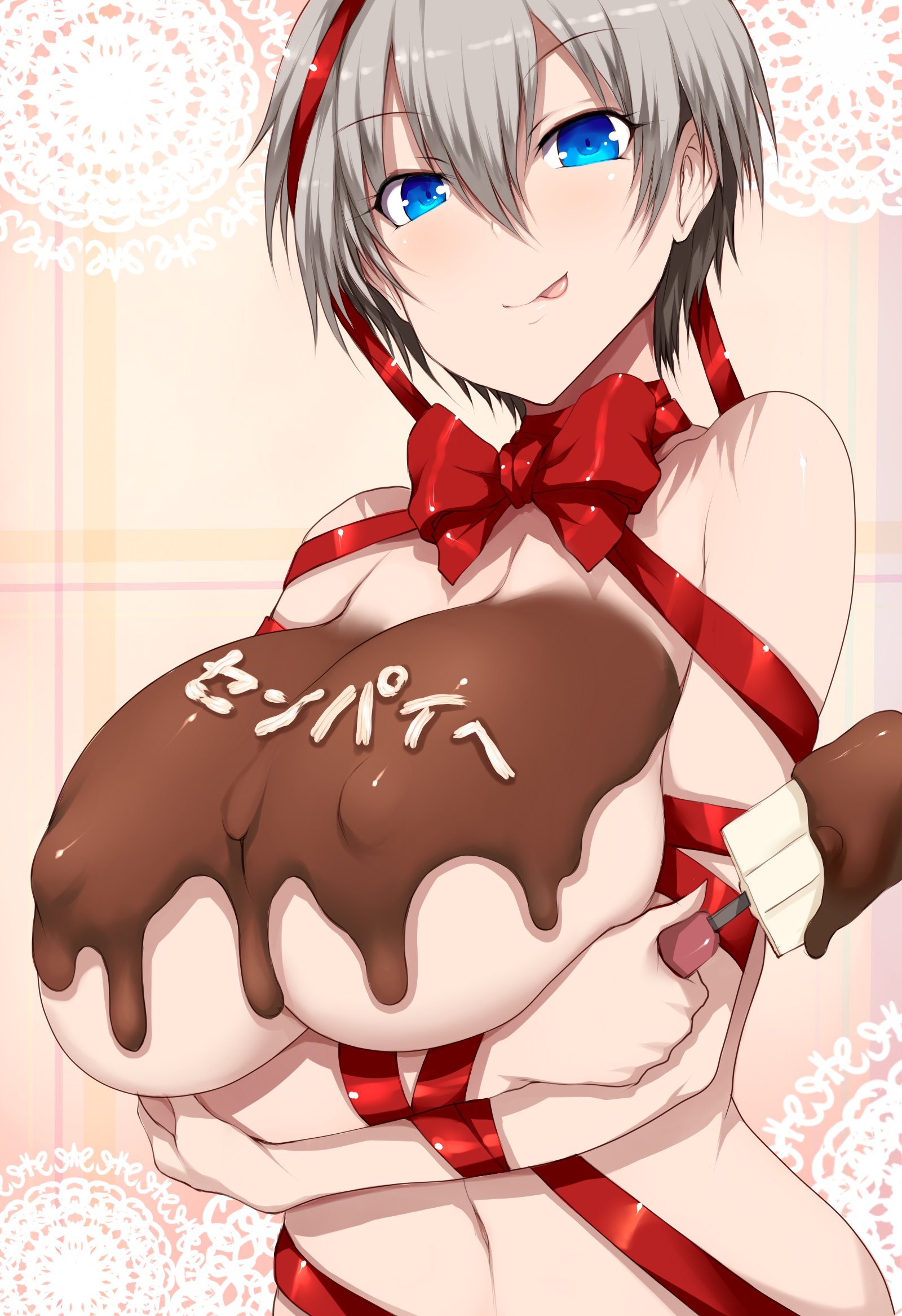 big breasts, blue eyes, breasts, breasts bigger than head, chocolate, chocolate on breasts, female, grey hair, huge breasts, looking at viewer, ribbons, tongue, tongue out, tsukasawa takamatsu, uzaki hana, uzaki-chan wa asobitai!, valentine's day