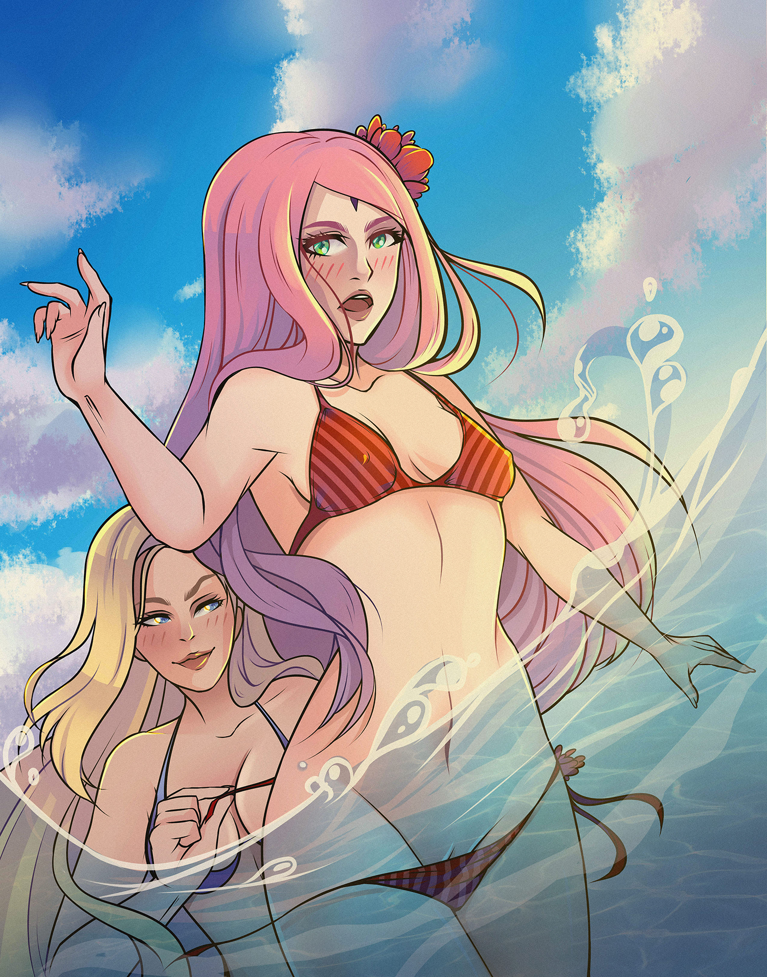 2girls, adult swim, alternate hairstyle, asetr, assisted exposure, big breasts, bikini, blonde hair, blue eyes, blush, boruto: naruto next generations, breasts, cleavage, facial mark, female, female only, flower, forehead mark, green eyes, hair ornament, ino yamanaka, long hair, makeup, multiple females, multiple girls, naruto, naruto (series), naruto: the last, partially submerged, partially underwater shot, pink hair, pink lips, pussy, sakura haruno, small breasts, smile, surprised, toonami, underwater, undressing, undressing another, untied bikini, vagina, water, yuri