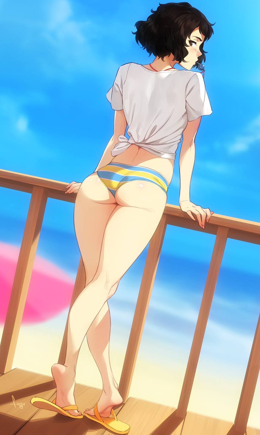 1girls ass beach bikini black_eyes black_hair brown_hair bubble_butt calves feet feguimel female flip_flops from_behind kneepits knees looking_at_viewer looking_back medium_hair open_toe_shoes pale_skin perfect_legs persona persona_5 petite sadayo_kawakami sandals shiny_skin short_hair skinny small_ass soles swimsuit swimwear t-shirt thick_thighs thighs thighs_together tied_shirt tiptoes