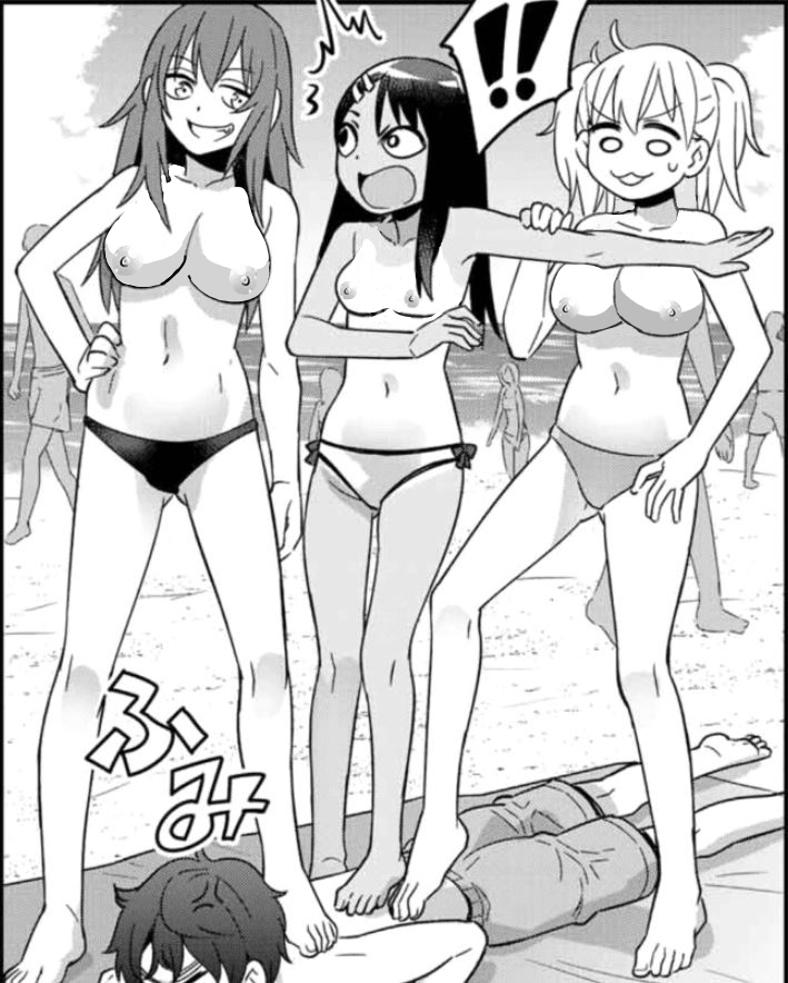 1boy, 3girls, 774 (nanashi), big breasts, bikini, bikini bottom, black hair, blonde hair, breasts, cleavage, clothed, clothing, edit, female, gamo-chan, half-dressed, hayase nagatoro, hi res, kabootylover, long hair, male, monochrome, naoto hachioji (senpai), nipples, on stomach, open mouth, photoshop, please don't bully me, nagatoro, public, short hair, simple background, surprised, white background, yoshi (nagatoro)