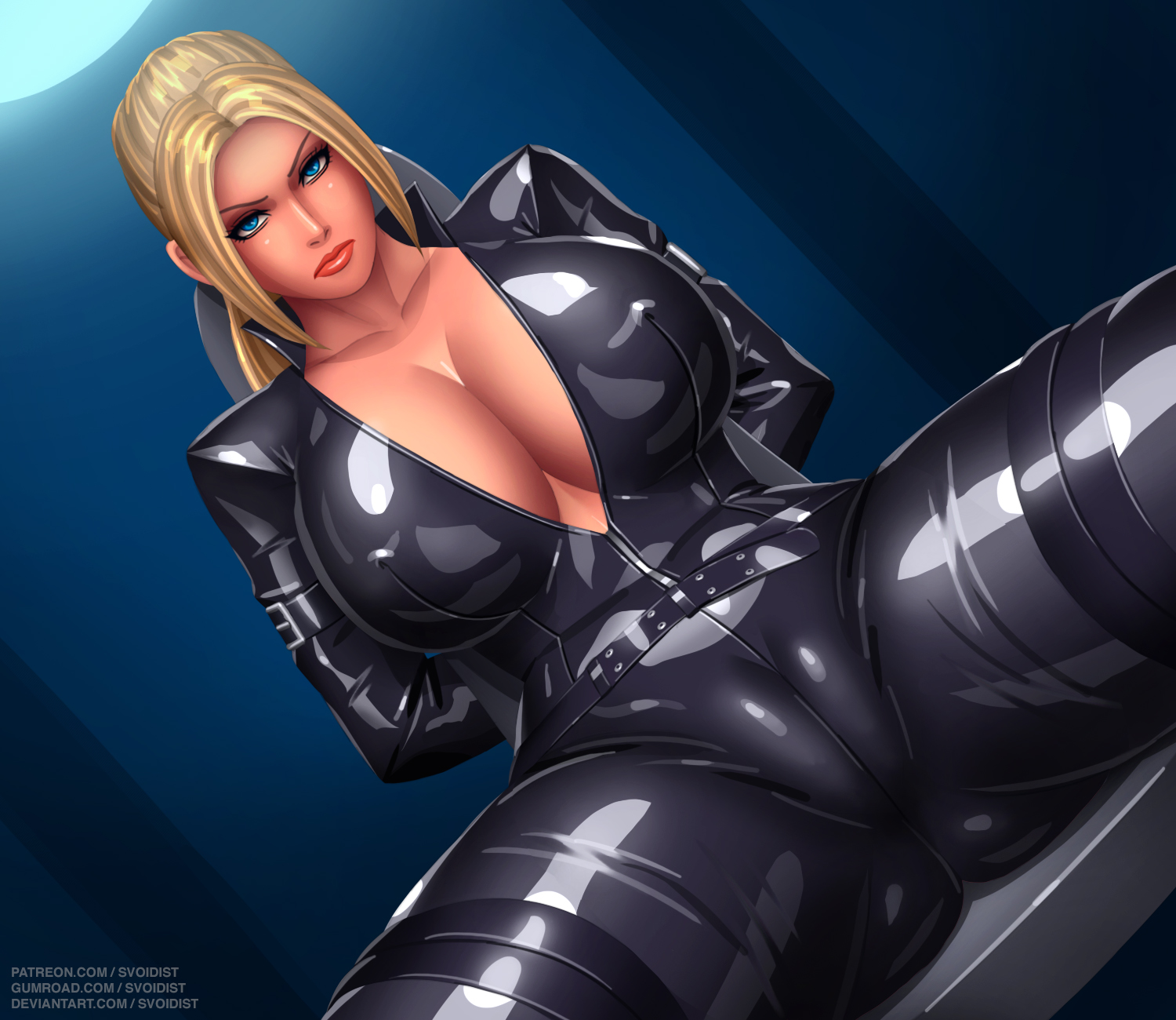 1girls, alternate breast size, arms behind back, big breasts, blonde hair, blue eyes, bodysuit, breasts, cameltoe, cleavage, clothed, clothed female, female, female only, huge breasts, human, human only, large breasts, latex, latex bodysuit, lipstick, long hair, looking at viewer, nina williams, nipples, nipples visible through clothing, pussy, shiny, shiny clothes, solo, solo female, solo focus, spread legs, svoidist, tekken