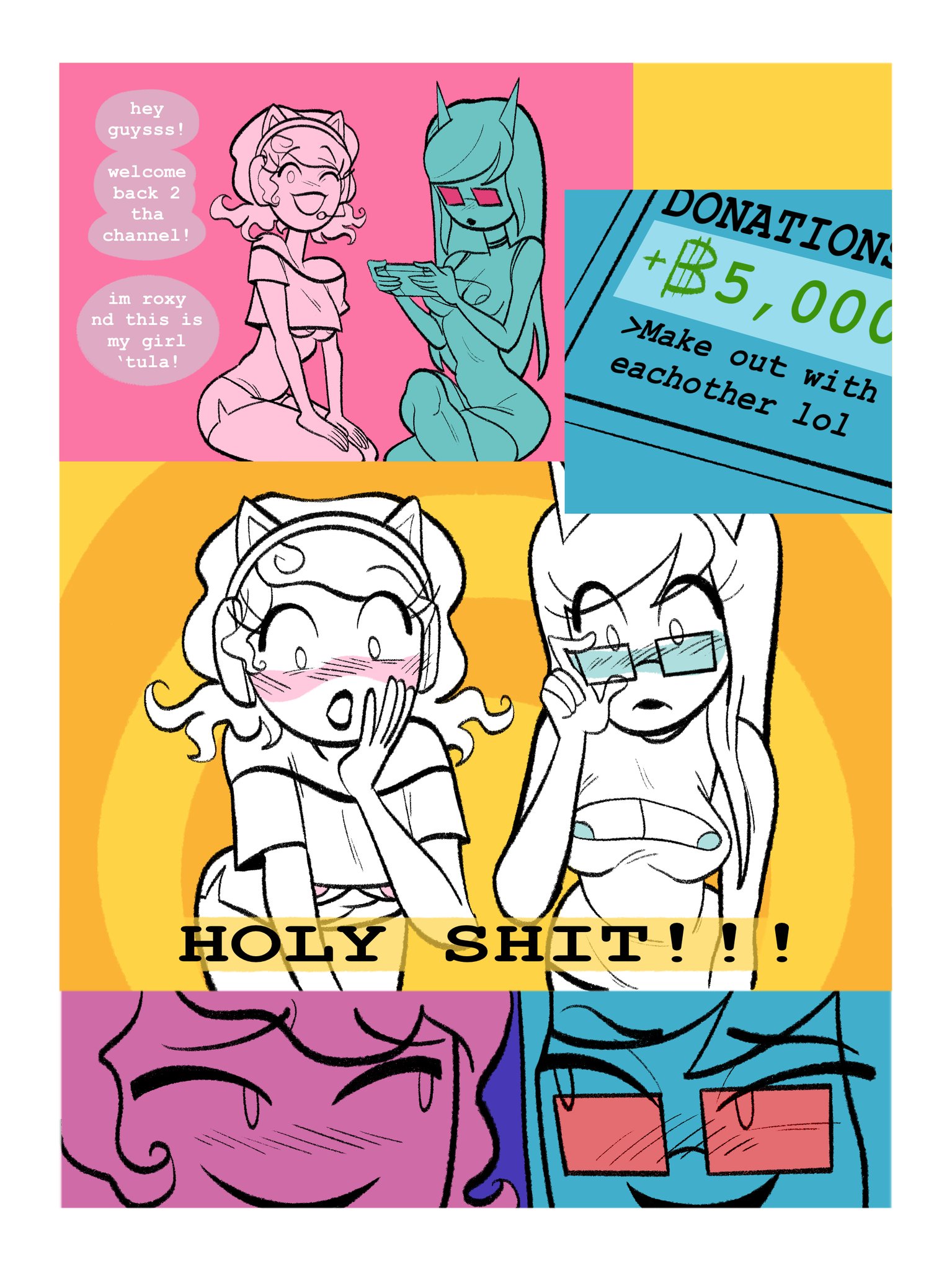 2girls, areola slip, areolae, black lips, black lipstick, blue background, blush, crop top, dialogue, female, headphones, homestuck, horns, latula pyrope, long hair, looking at another, ms paint adventures, multiple females, multiple girls, orange background, pink background, pink hair, pink skin, red-tinted eyewear, roxy lalonde, short hair, smirk, speech bubble, streaming, sunglasses, sunniepops, text, tinted eyewear, troll, white hair, white skin, wink