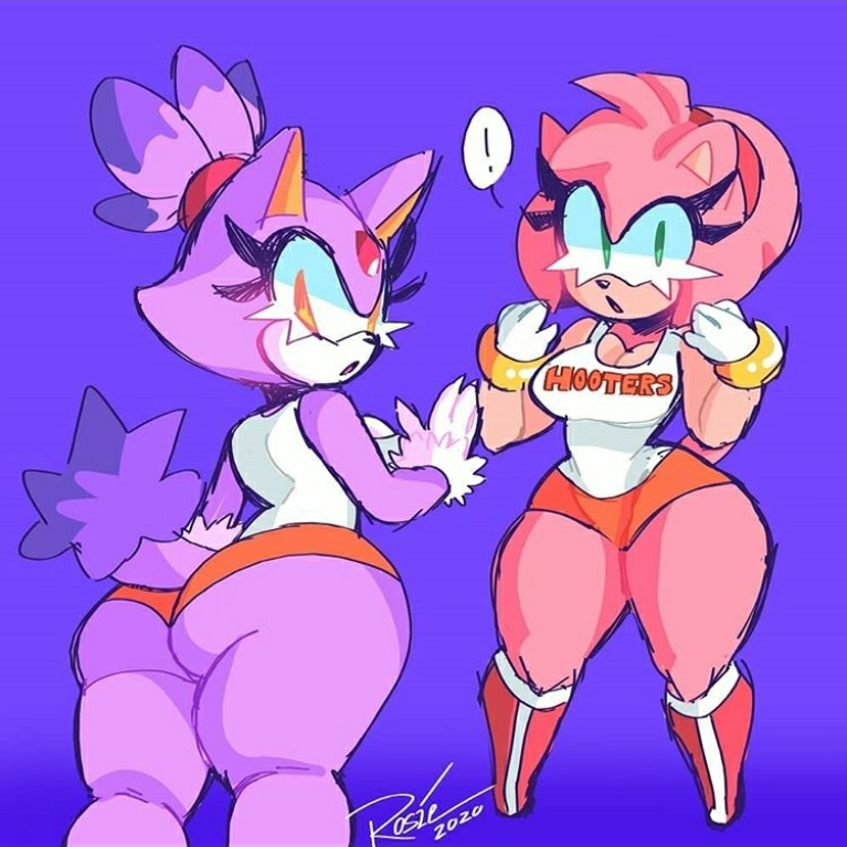 2020 2girls amy_rose anthro artist_name ass big_ass big_breasts bimbo blaze_the_cat breasts embarrassed female female_only furry hedgehog heyaerdick hooters hooters_uniform no_visible_genitalia pink_hair purple_hair rosie_(artist) sonic_(series) thick_thighs thighs thunder_thighs tight_clothing