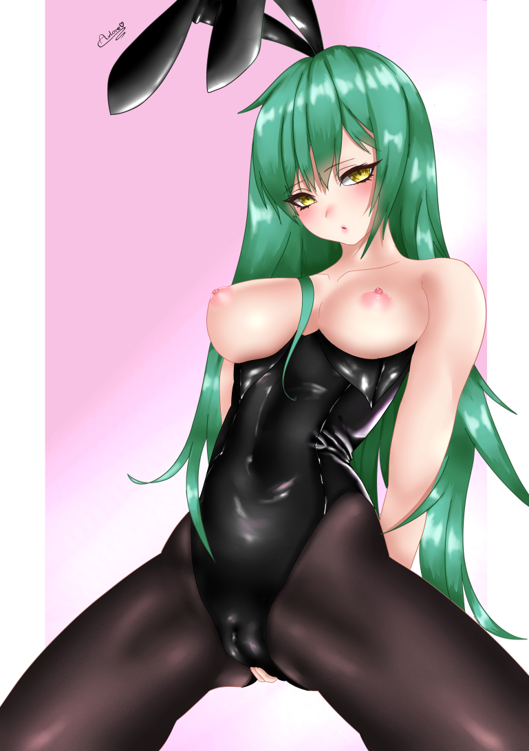 1girls areolae arms_behind_back axlone bleach blush breasts bunny_ears bunny_girl bunnysuit cameltoe female female_only green_hair kneeling latex long_hair looking_at_viewer nelliel_tu_odelschwanck nipples rubbing shiny_clothes spread_legs tight_clothing topless yellow_eyes