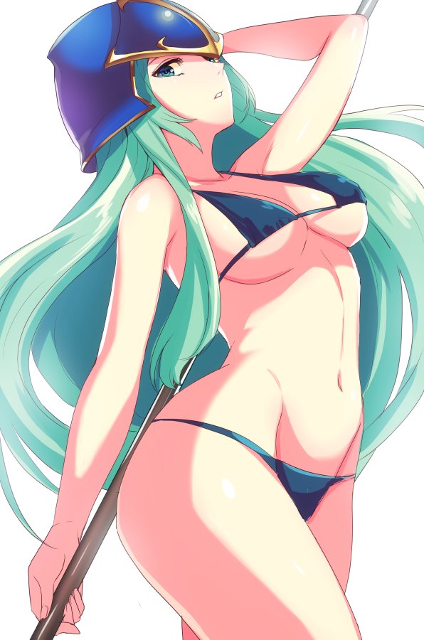 bikini fire_emblem fire_emblem:_path_of_radiance fire_emblem:_radiant_dawn green_eyes green_hair helmet kokouno_oyazi long_hair looking_at_viewer nephenee_(fire_emblem) spear thighs weapon