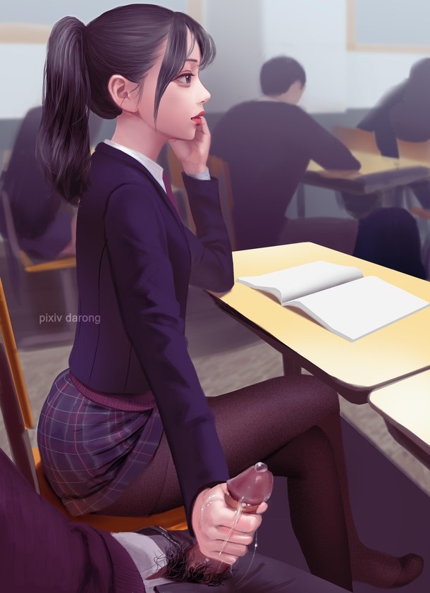 1boy, 1girls, black hair, classroom, clothing, cum, cumdrip, darong, erection, faceless male, female, female focus, fully clothed, grey eyes, hair up, handjob, imminent cumshot, long hair, male, pantyhose, penis, penis through fly, plaid skirt, ponytail, precum, profile, pubic hair, school uniform, schoolgirl, shirt, skirt, stealth sex, straight, tied hair