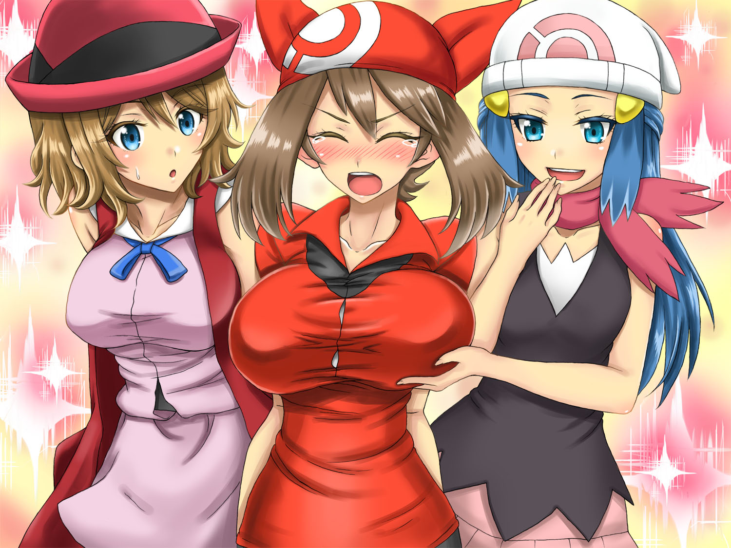 3girls, background, blue eyes, blue hair, blush, breasts, brown hair, closed eyes, dawn (pokemon), embarrassed, female, female only, groping, hand on breast, huge breasts, human, human only, large breasts, may (pokemon), nintendo, open mouth, pokemon, pokemon (anime), pokemon dppt, pokemon rse, pokemon xy, serena (pokemon), takecha