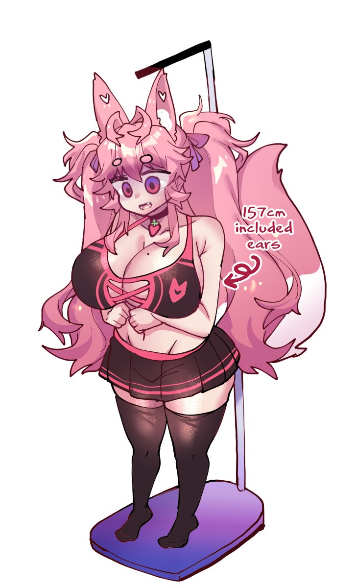 big breasts, breasts, choker, embarrassed, english text, female, fox ears, fox girl, fox tail, huge breasts, kireina pinky fox, miniskirt, mole on breast, original, osiimi, pink eyes, pink fur, pink hair, pinky fox (osiimi), shortstack, thighhighs, virtual youtuber