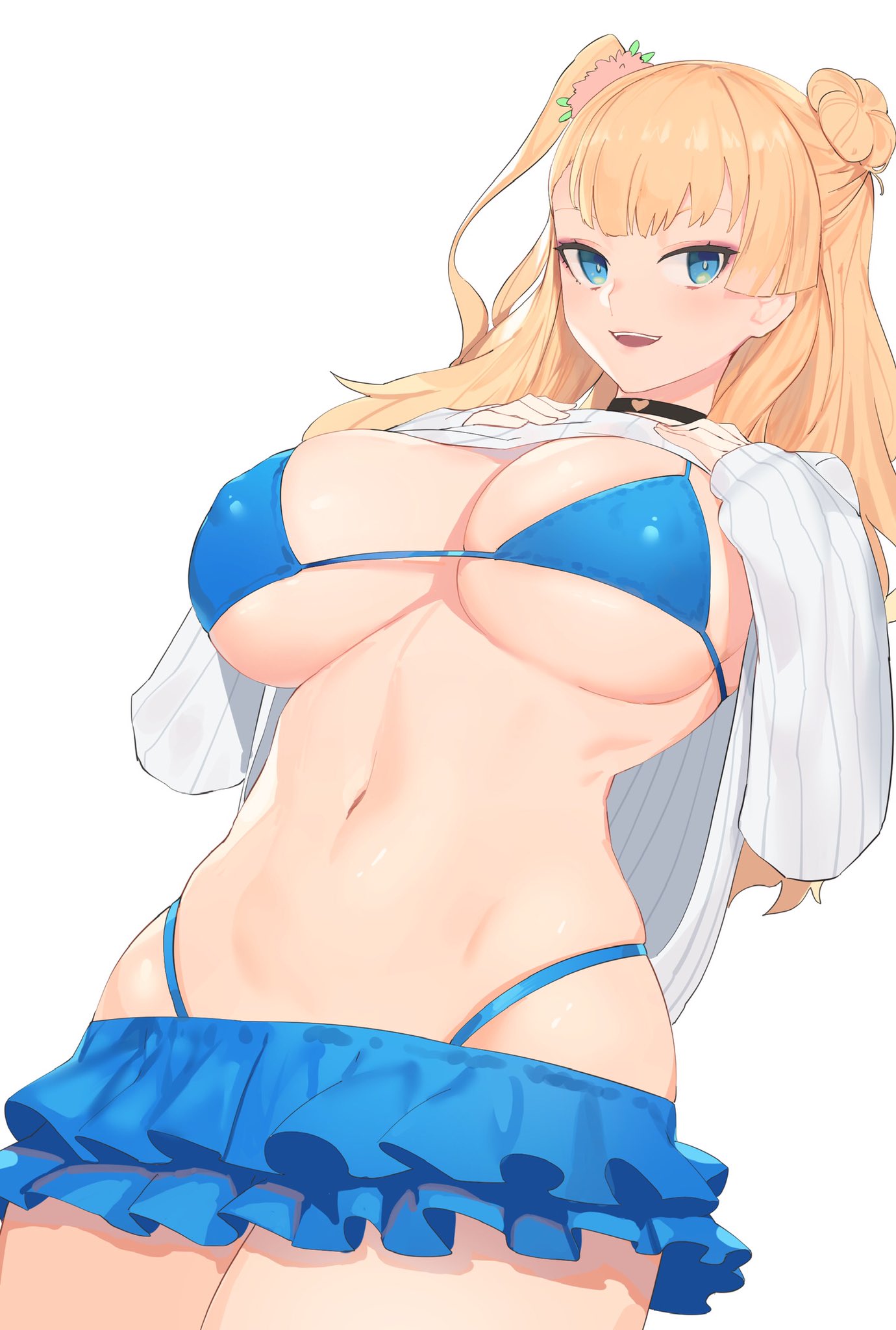 1girls asymmetrical_hair bikini black_choker blue_bikini blue_eyes blue_skirt breasts choker clothes_lift curvy erect_nipples female female_only frilled_skirt frills galko gyaru heart heart_choker highres huge_breasts jam_(nandade) large_breasts legs_together lifted_by_self looking_at_viewer lowleg_skirt one_side_up oshiete!_galko-chan ribbed_sweater scrunchie side_bun skindentation skirt sleeves_past_wrists smile solo sweater sweater_lift swimsuit thick_thighs thighs underboob white_sweater