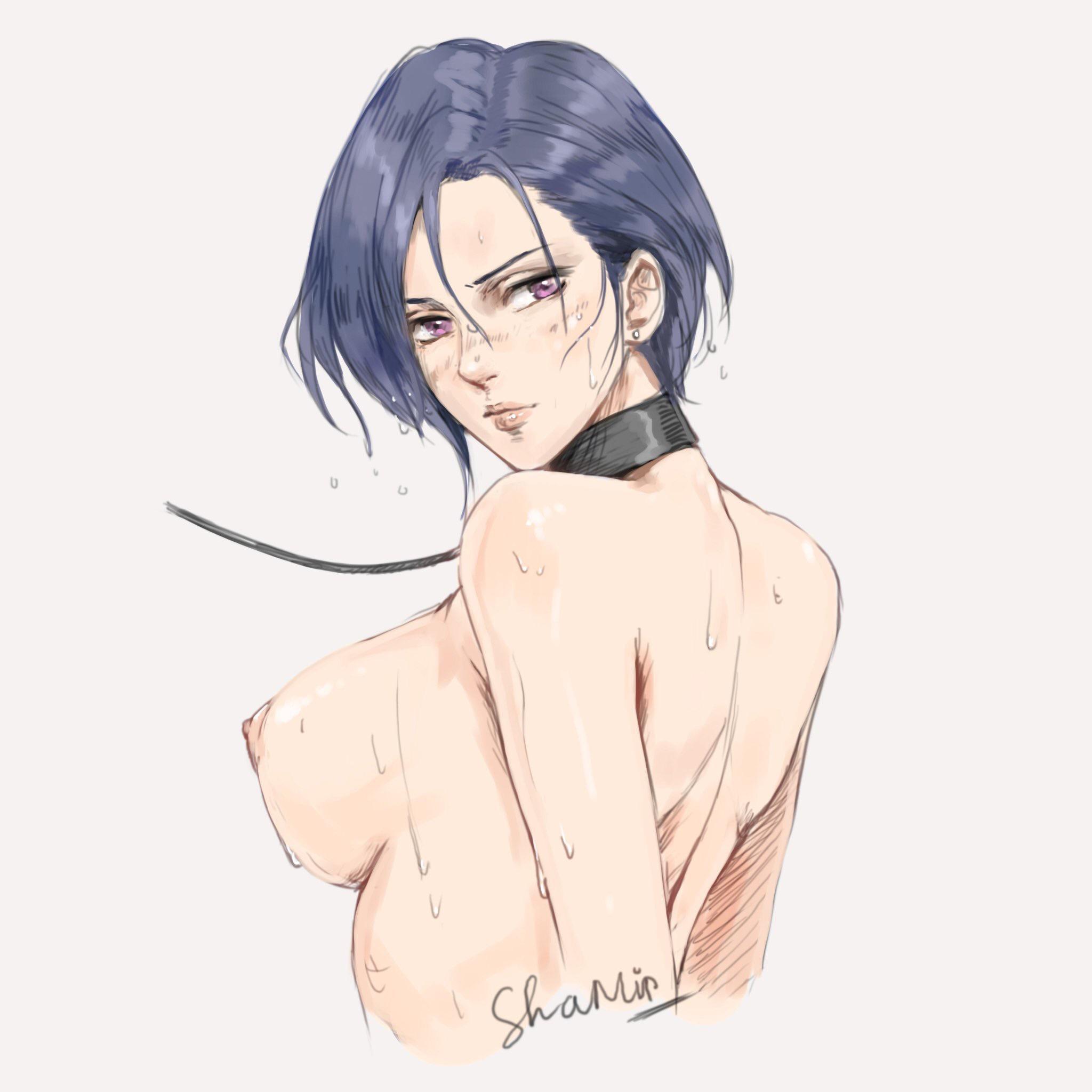 1girls, back, blue hair, collar, female, fire emblem, fire emblem: three houses, leash, looking back, nude, nude female, purple eyes, roviachin, shamir nevrand, solo, solo female, sweat