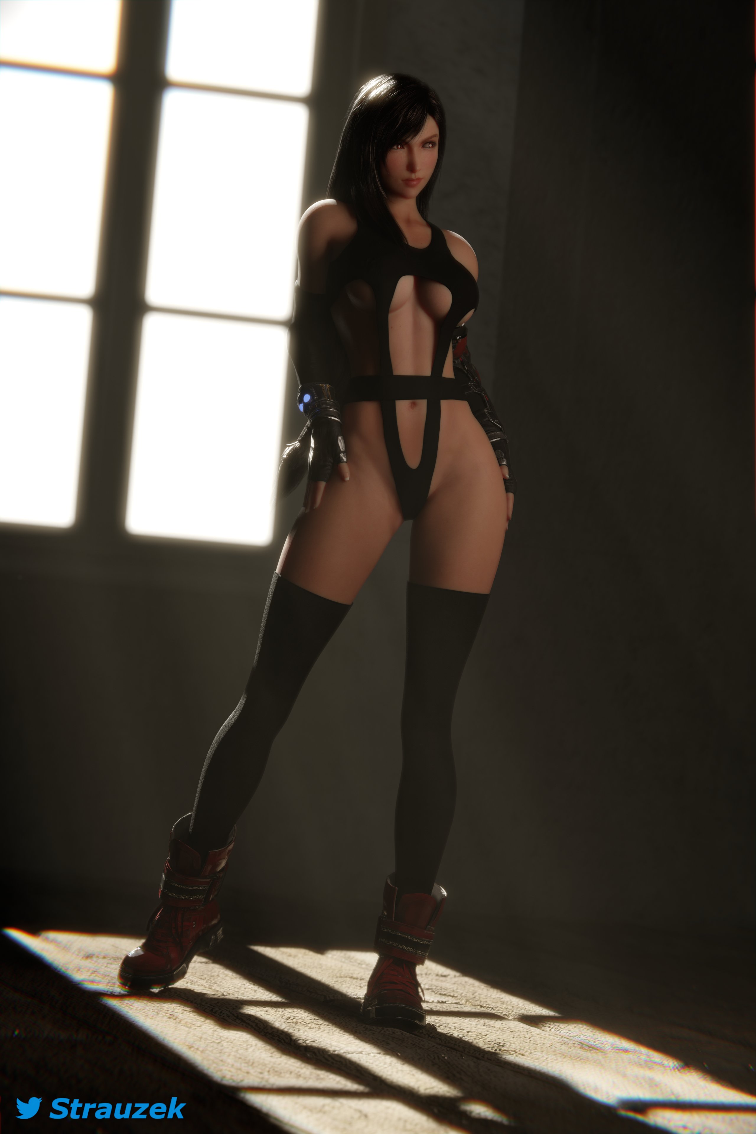 1girls, 3d, 3d (artwork), arm sleeves, armwear, ass, athletic, athletic female, bare shoulders, big breasts, black hair, boots, breasts, bubble ass, bubble butt, busty, cleavage, crop top, earrings, female, final fantasy, final fantasy vii, final fantasy vii remake, fingerless gloves, hourglass figure, long hair, navel, pose, posing, red eyes, revealing clothes, skimpy, skimpy clothes, sling bikini, solo, solo female, standing, strauzek, thighhighs, tifa lockhart, underboob, wide hips