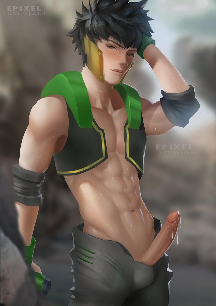 1boy abs blurred_background epixelart erection large_penis looking_at_viewer male_only my_hero_academia nipples precum precum_drip shindou_you solo yo_shindo