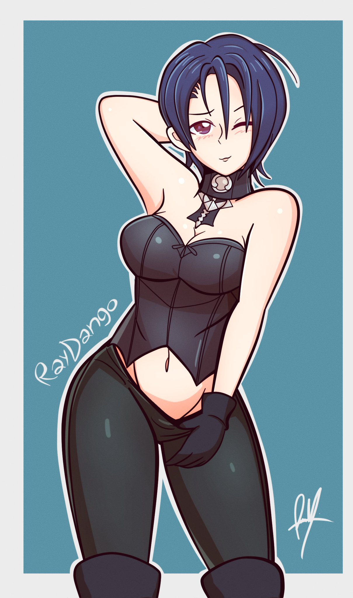 alluring, artist name, bare shoulders, blue hair, fire emblem, fire emblem: three houses, gloves, hand behind head, leggings, one eye closed, pulling, pulling down pants, purple eyes, raydango, shamir nevrand, teasing, violet eyes, wink