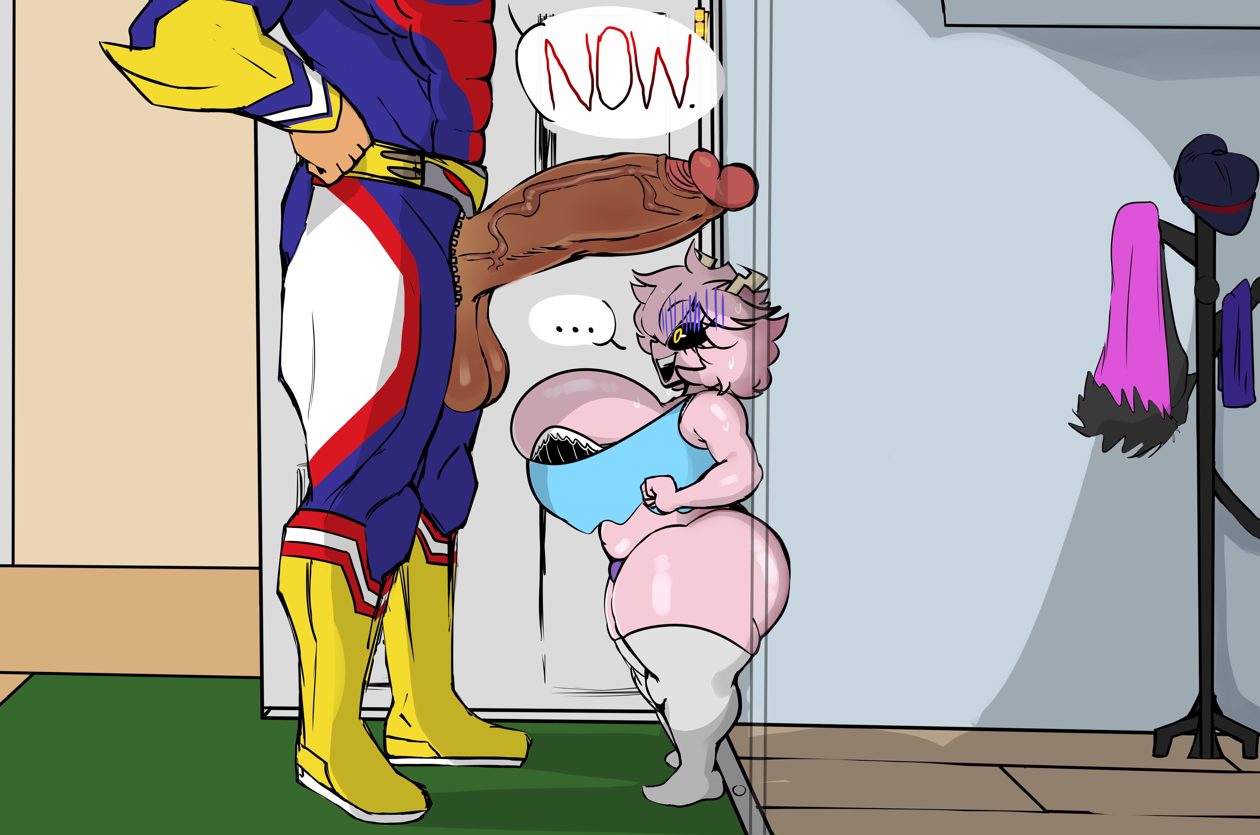 1boy, 1girls, 2020, all might, ass, big ass, big breasts, big penis, breasts, english text, female, huge ass, huge breasts, huge cock, jjsinchan, male, mina ashido, my hero academia, penis, penis awe, shortstack, size difference, text, thick thighs, toshinori yagi, veiny penis