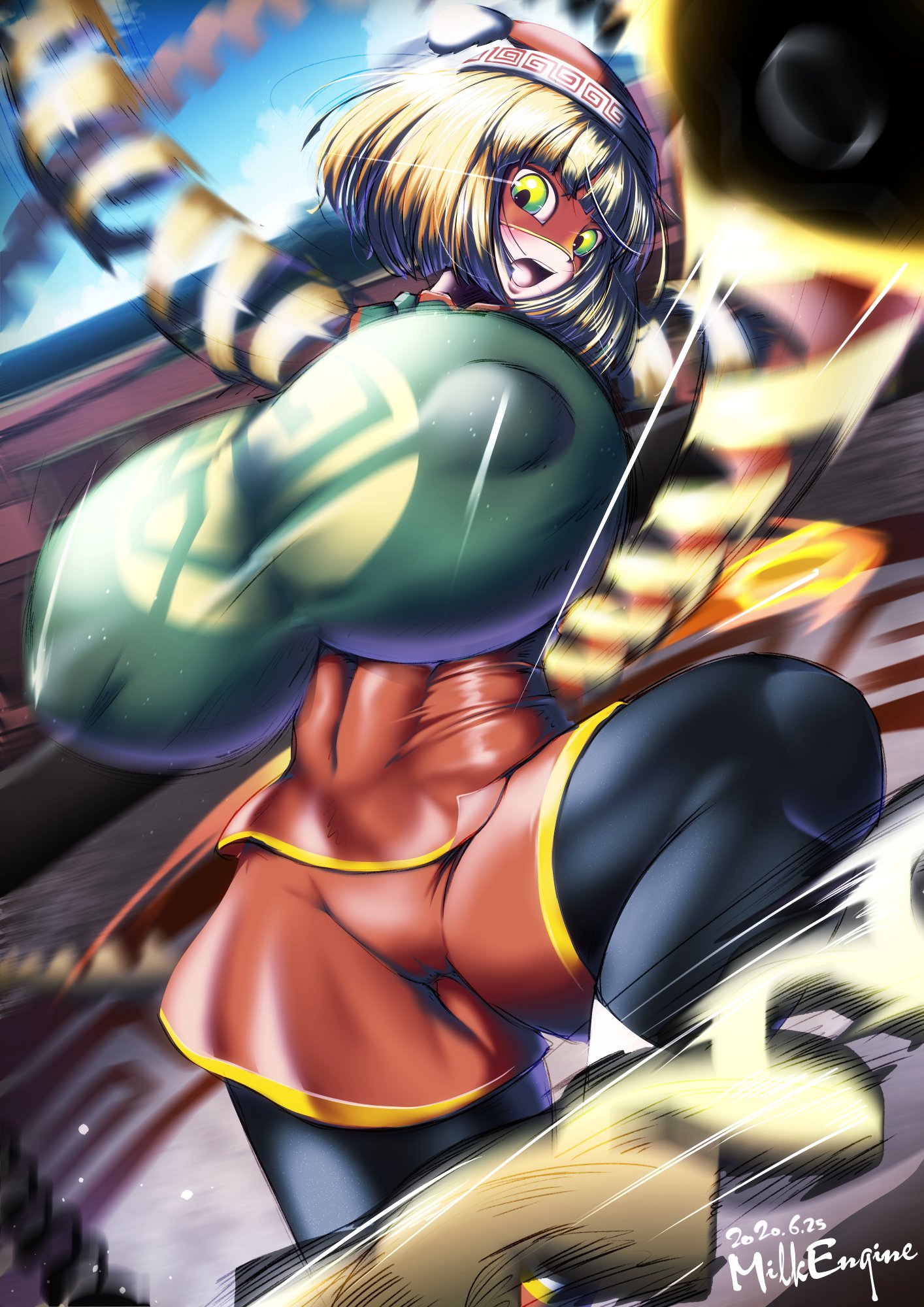 1girls, abs, arms (game), big breasts, blonde hair, breasts, female, green eyes, huge breasts, kyosuke fujiwara, large breasts, leggings, light skin, light-skinned female, mask, medium hair, milk engine, min min (arms), nintendo, nipple slip, pale skin, pale-skinned female, shorts, teenager, thick thighs, thighs, voluptuous, wide hips