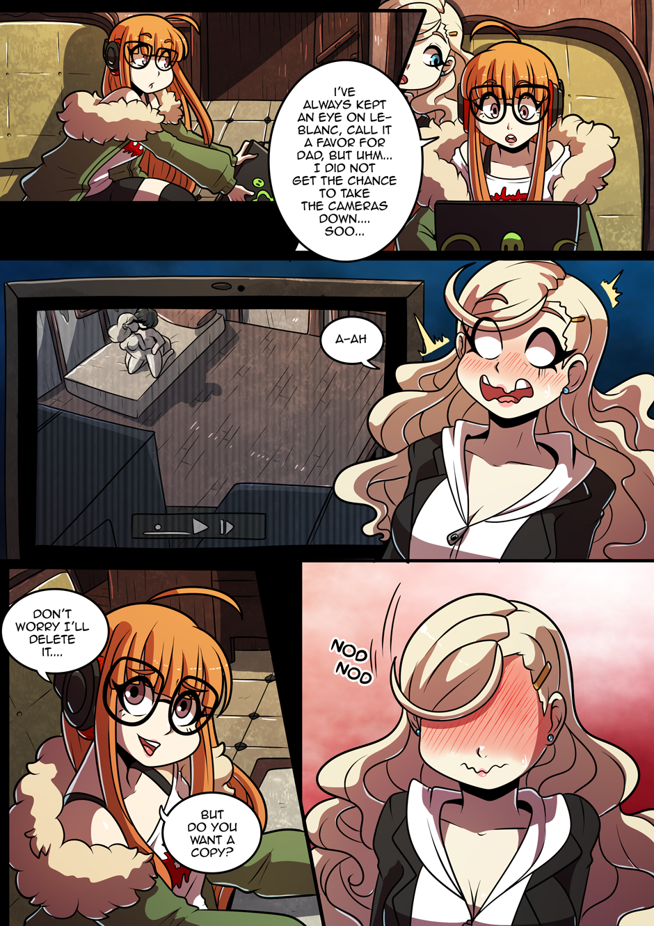 1boy, 4girls, ahoge, ann takamaki, black hair, blonde hair, blue eyes, blush, braid, breasts, brown eyes, brown hair, comic, embarrassed, female, filmed, french braid, full face blush, glasses, hairclip, happy sex, headphones, hoodie, human, kinkymation, long hair, male, megami tensei, no eyes, no pupils, off shoulder, orange hair, persona, persona 5, plaid skirt, pleated skirt, purple eyes, red eyes, ren amamiya, sakura futaba, short hair, shorts, skirt, smile, sweater, thighhighs, turtleneck, twintails