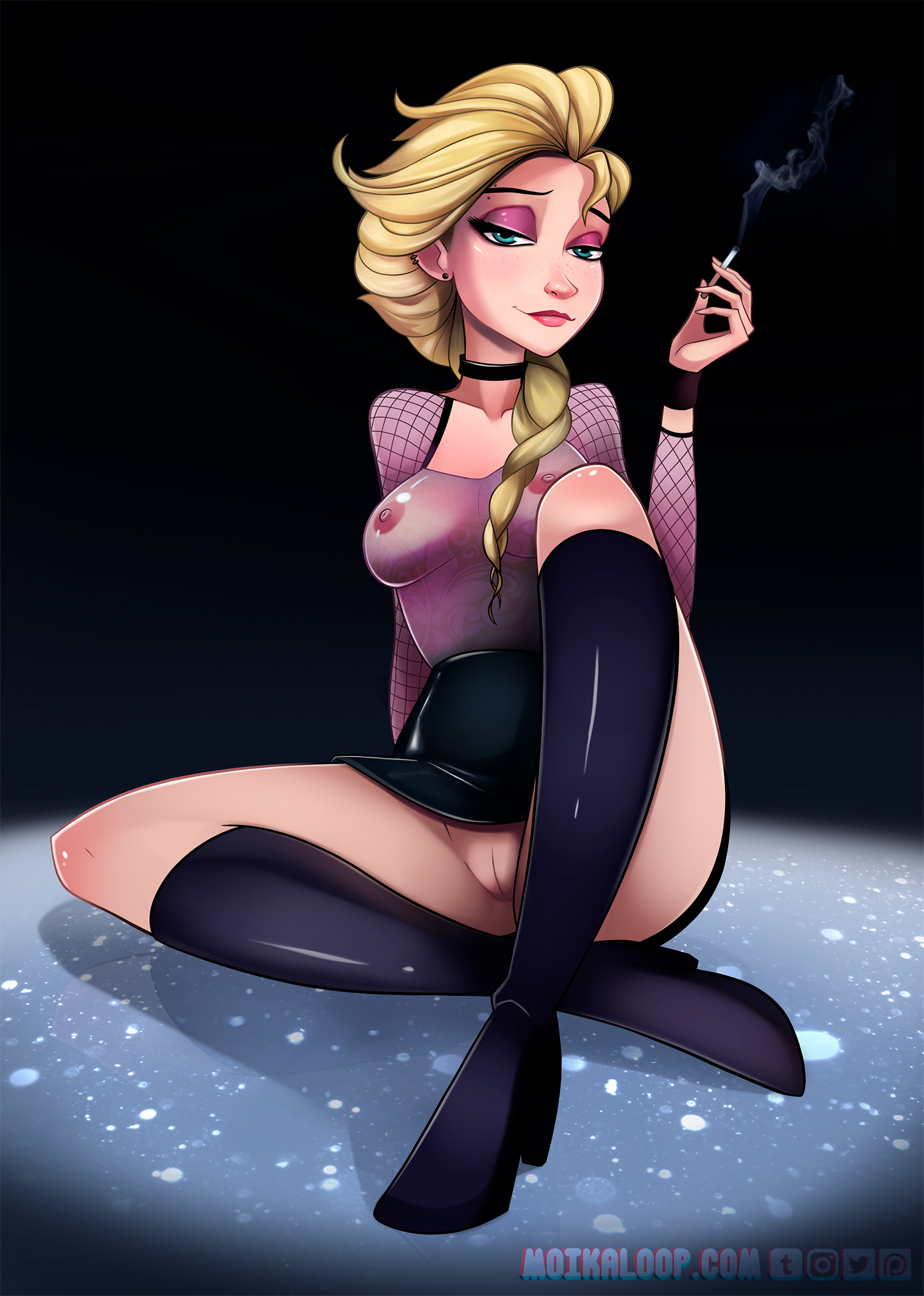 1girls, artist website, blonde hair, blue eyes, boots, braid, breasts, choker, cigarette, collar, disney, ear piercing, elsa (frozen), erected nipples, eyebrow piercing, eyeshadow, female, female focus, female only, fishnet, fishnet top, frozen (film), goth, goth girl, gothified, half-closed eyes, high heel boots, high heels, instagram, latex, latex boots, latex skirt, latex topwear, lipstick, looking at viewer, makeup, moikaloop, nipples, no panties, partially clothed, patreon, piercing, pink lipstick, purple eyeshadow, pussy, revealing clothes, see-through, see-through top, shaved pussy, sitting, sitting on floor, smoke, smoking, solo, solo female, source request, tumblr, twitter, year request