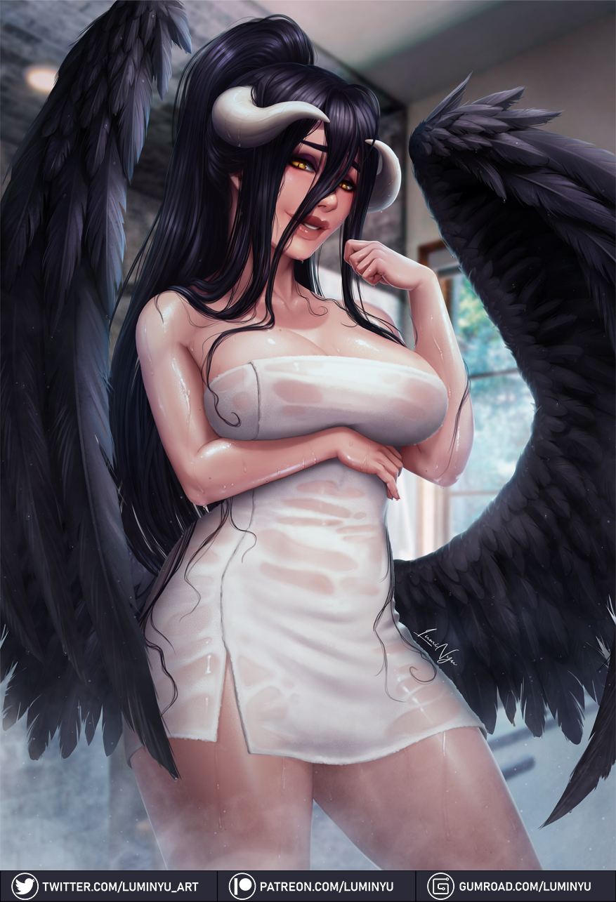 1girls, albedo (overlord), bath, bathroom, big breasts, black hair, breasts, cleavage, cleavage cutout, demon, demon girl, demon horns, demon wings, eyelashes, female, female focus, female only, holding, holding breast, holding breasts, horns, humanoid, large breasts, lips, long hair, looking at viewer, luminyu, makeup, overlord (maruyama), ponytail, shiny, shiny hair, shiny skin, shower, smile, smiling, smirk, solo, solo focus, succubus, tagme, thick thighs, thighs, towel, very long hair, wet, wet skin, white skin, wings, yellow eyes