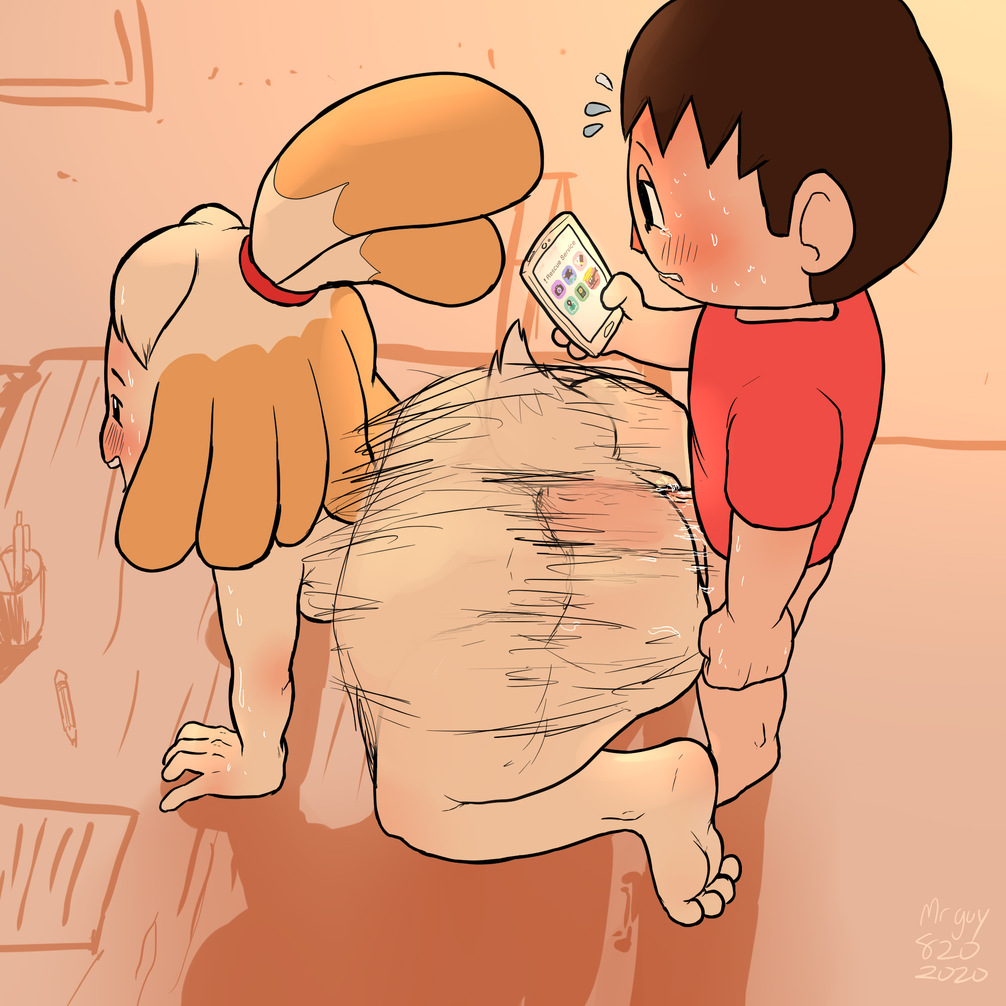 2020, anal, anal sex, animal crossing, ass, big ass, big penis, feet, female, isabelle (animal crossing), male, mrguy820, nintendo, penis, phone, scared, speed lines, thick thighs, villager (animal crossing)