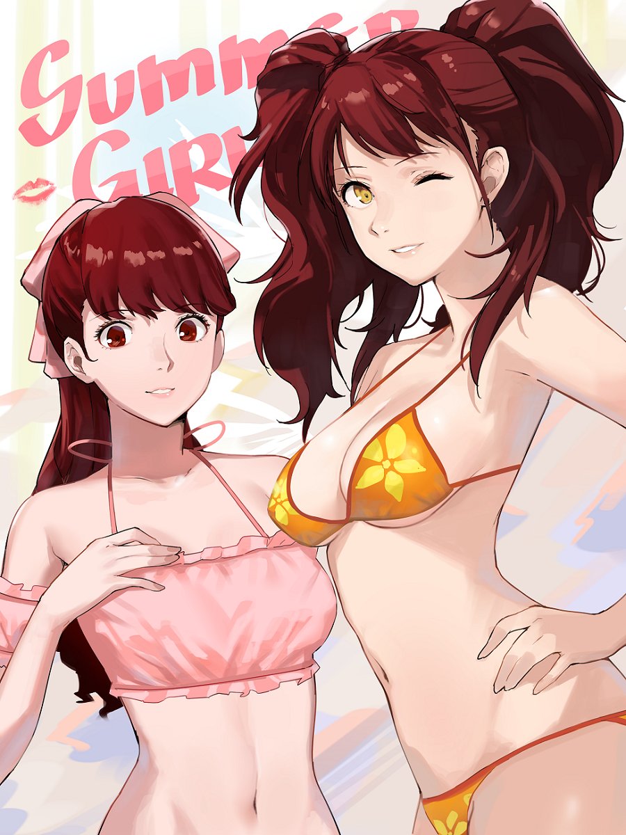 2girls, atlus, big breasts, bikini, bikini bottom, bikini top, bottomwear, breasts, brown eyes, brown hair, clothing, female, female only, human, j@ck, kasumi yoshizawa, kujikawa rise, kujikawa rise (swimsuit), long hair, looking at viewer, megami tensei, persona, persona 4, persona 5, persona 5 royal, red eyes, red hair, sumire yoshizawa, sumire yoshizawa (swimsuit), swimsuit, swimwear, topwear, uncensored