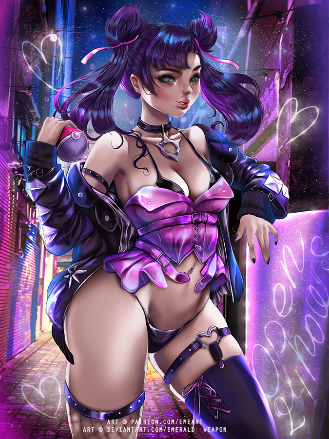 1girls, alley, aqua eyes, artist name, asymmetrical legwear, black hair, black legwear, black nails, building, choker, city, emerald weapon (artist), female, fishnets, human, jacket, jewelry, marnie (pokemon), medium hair, midriff, nail polish, navel, necklace, nintendo, open clothes, open jacket, poke ball, pokemon, pokemon ss, realistic, ribbon, road, side bangs, single thighhigh, solo, street, text, thigh highs, tied hair, twintails