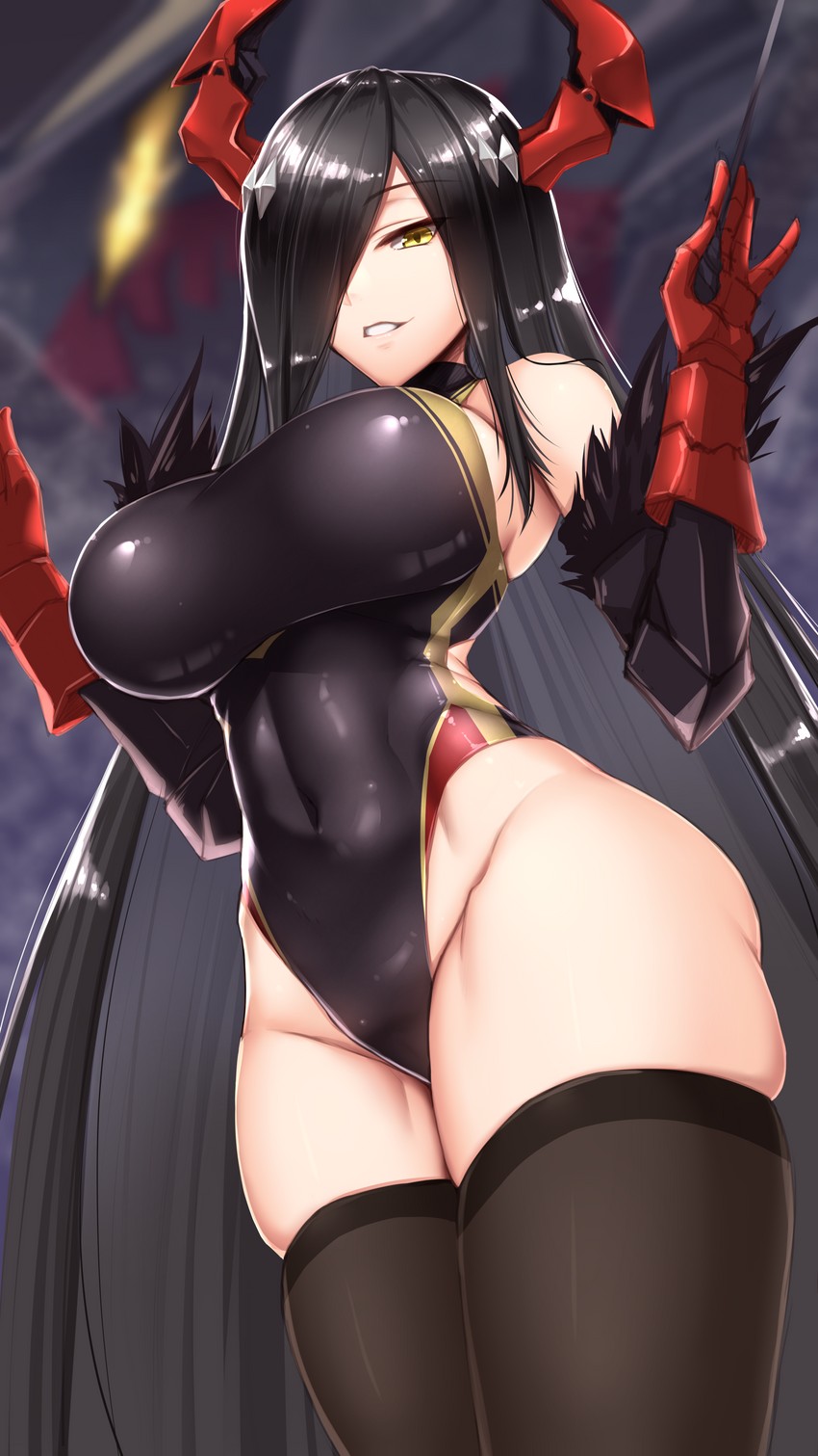 1girls, akitsuki karasu, arms, azur lane, belly, belly button, big breasts, black dress, black hair, black legwear, breasts, dress, female, female only, friedrich der grosse (azur lane), gloves, hair, hair over one eye, hands, legwear, long hair, red gloves, red horns, thick thighs, very long hair, yellow eyes
