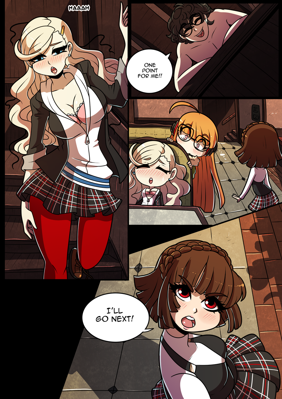 1boy, 4girls, after sex, ahoge, ann takamaki, atlus, black hair, blonde hair, blue eyes, blush, bra, braid, breasts, brown eyes, brown hair, cleavage, comic, exhausted, female, french braid, fucked senseless, glasses, hairclip, happy sex, haru okumura, headphones, hoodie, human, joker (persona), kinkymation, long hair, makoto niijima, male, megami tensei, off shoulder, open clothes, orange hair, pantyhose, persona, persona 5, pink bra, plaid skirt, pleated skirt, purple eyes, red eyes, ren amamiya, sakura futaba, short hair, shorts, skirt, smile, sweater, turtleneck