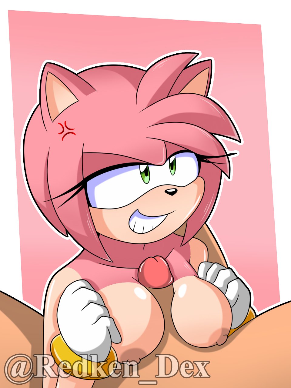 1boy, 1girls, amy rose, angry expression, anthro, bracelet, breasts, female, furry, gloves, human on anthro, klaussaurio, male, paizuri, redken dex, sonic (series), titfuck