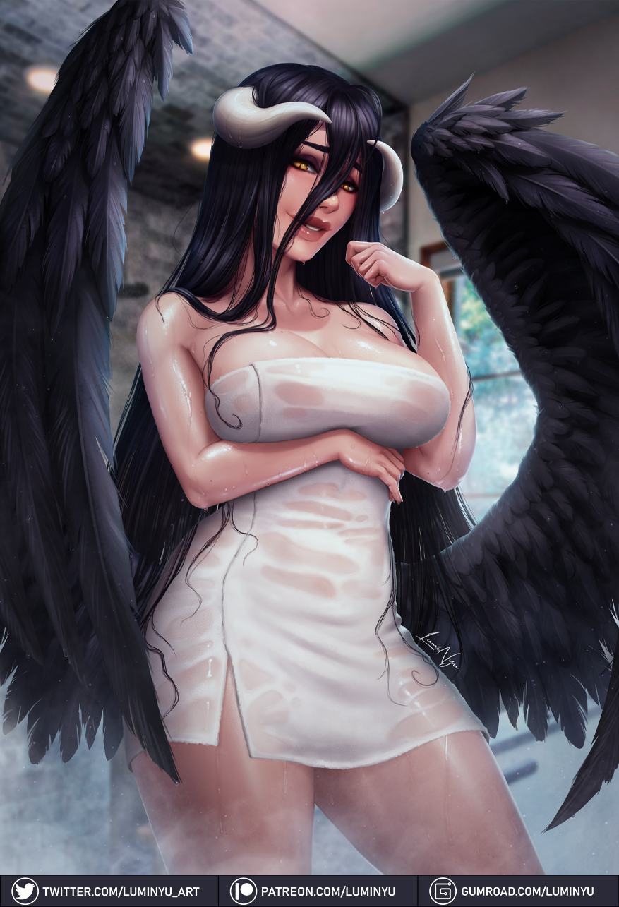 1girls, albedo (overlord), bath, bathroom, big breasts, black hair, breasts, cleavage, cleavage cutout, demon, demon girl, demon horns, demon wings, eyelashes, female, female focus, female only, holding, holding breast, holding breasts, horns, humanoid, large breasts, lips, long hair, looking at viewer, luminyu, makeup, overlord (maruyama), shiny, shiny hair, shiny skin, shower, smile, smiling, smirk, solo, solo focus, succubus, tagme, thick thighs, thighs, towel, very long hair, wet, wet skin, white skin, wings, yellow eyes