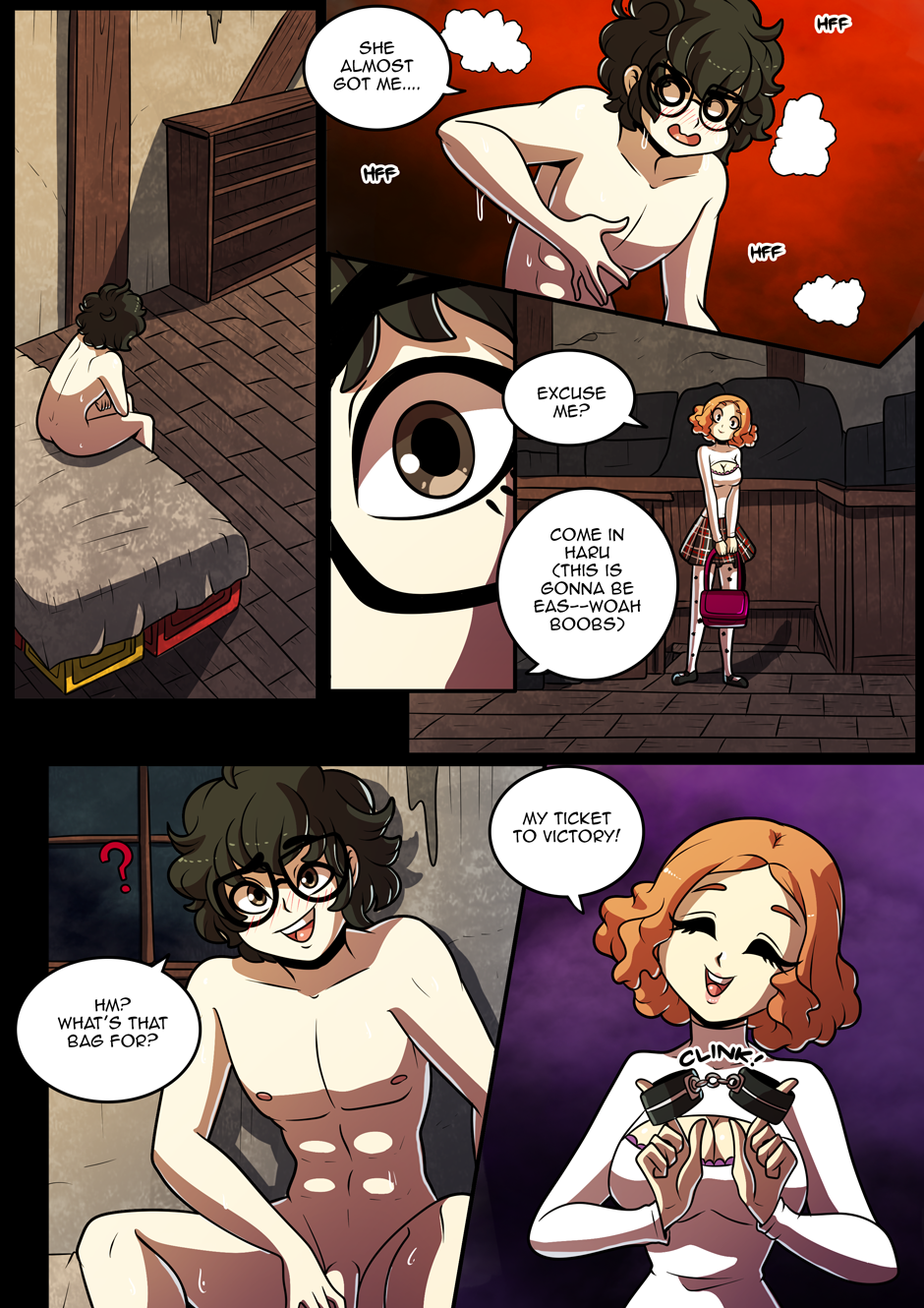 1boy, 1girls, abs, atlus, brown eyes, comic, female, glasses, handcuffs, happy sex, haru okumura, human, joker (persona), kinkymation, male, megami tensei, orange hair, pantyhose, penis, persona, persona 5, plaid skirt, pleated skirt, ren amamiya, short hair, skirt, sweater, tagme